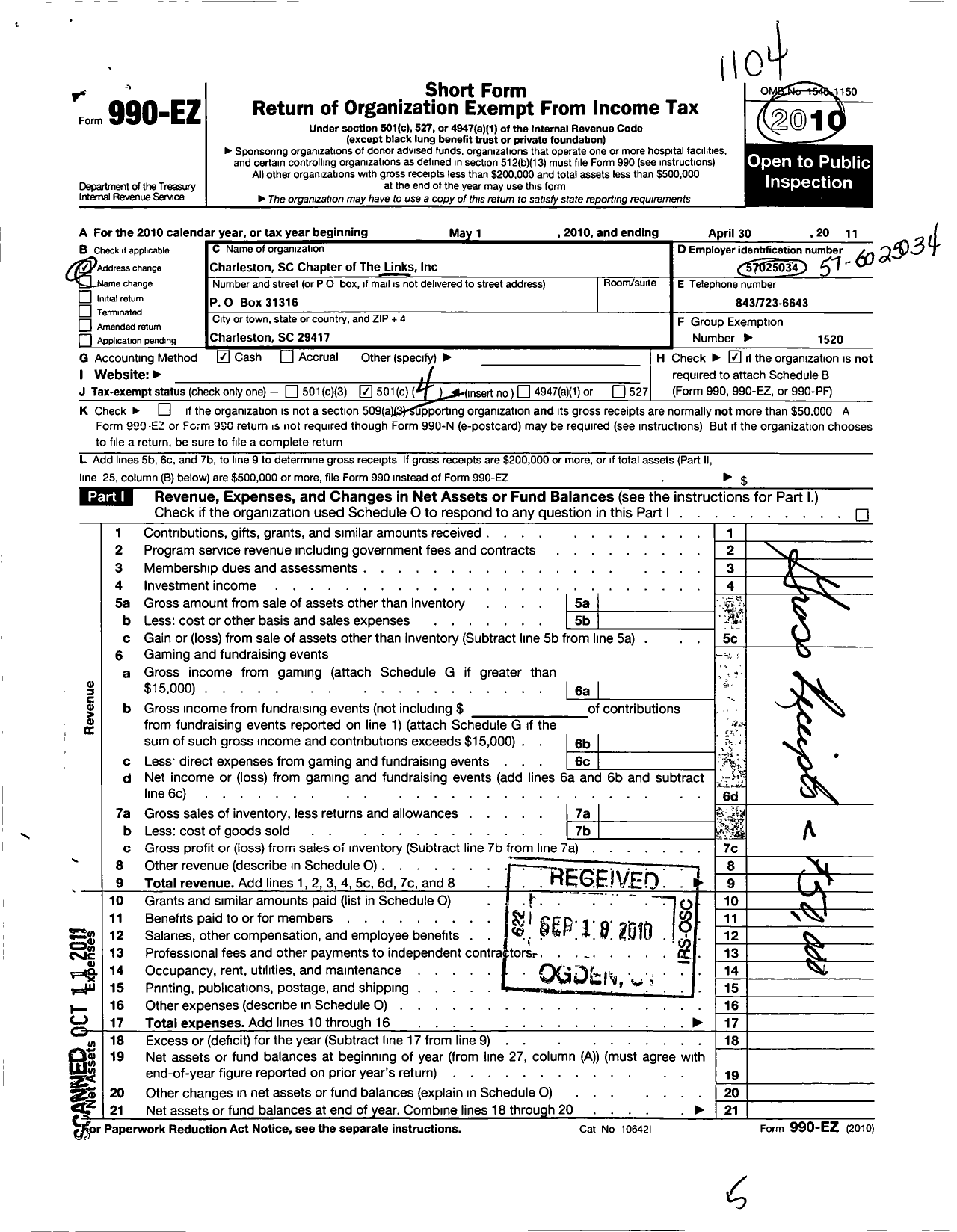 Image of first page of 2010 Form 990EO for Charleston SC Chapter of the Links