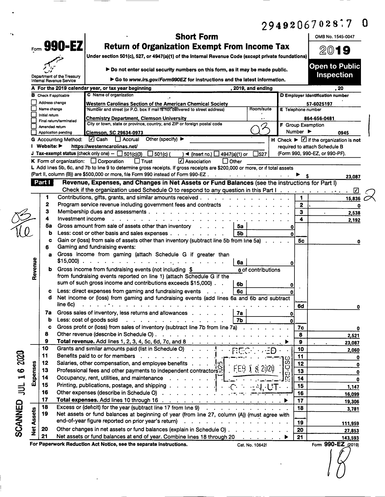 Image of first page of 2019 Form 990EZ for American Chemical Society - Western Carolinas Section