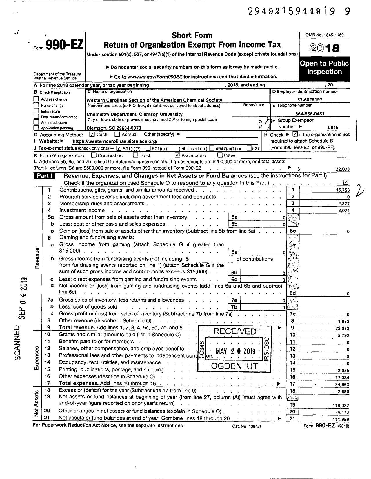 Image of first page of 2018 Form 990EZ for American Chemical Society - Western Carolinas Section