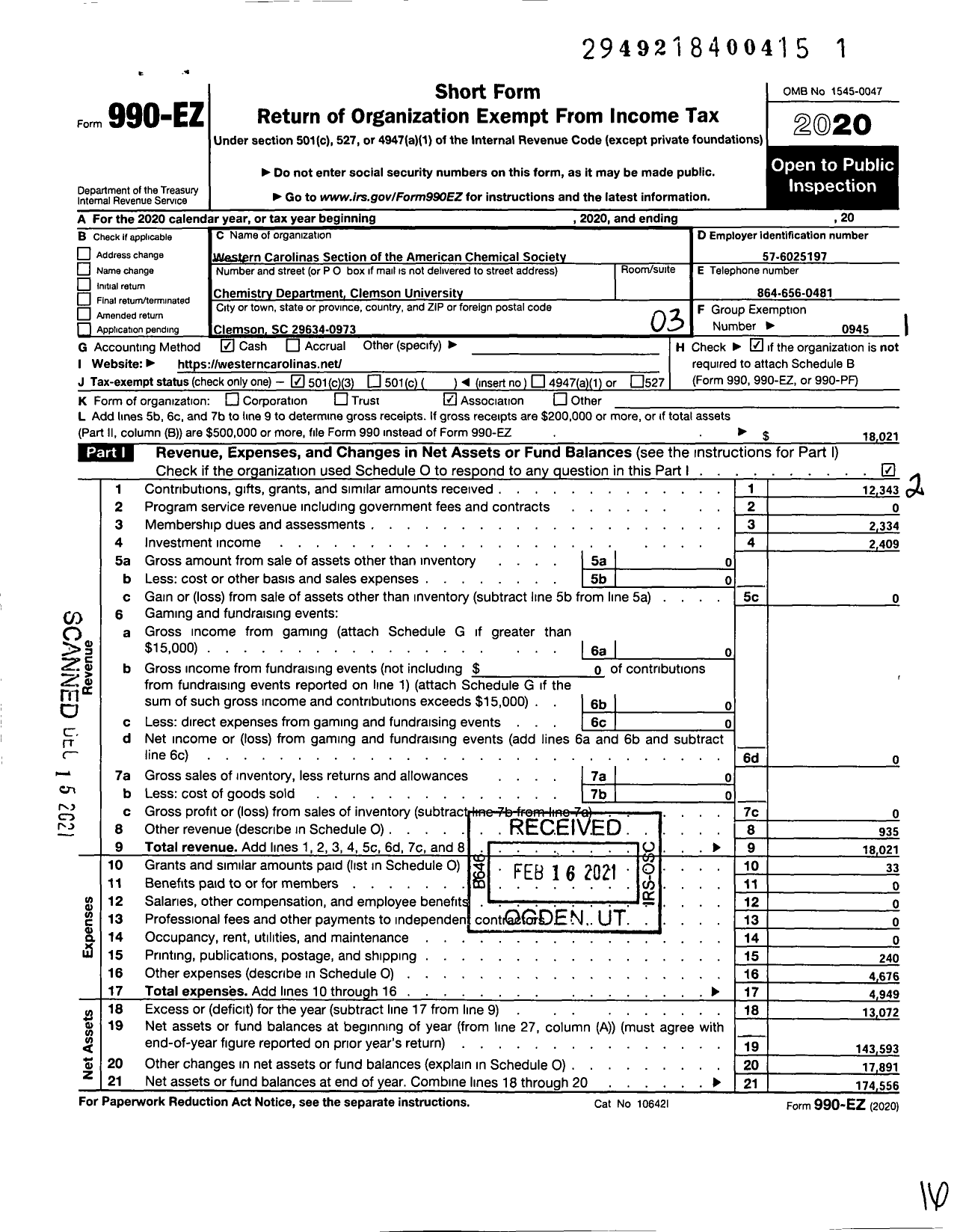 Image of first page of 2020 Form 990EZ for American Chemical Society - Western Carolinas Section