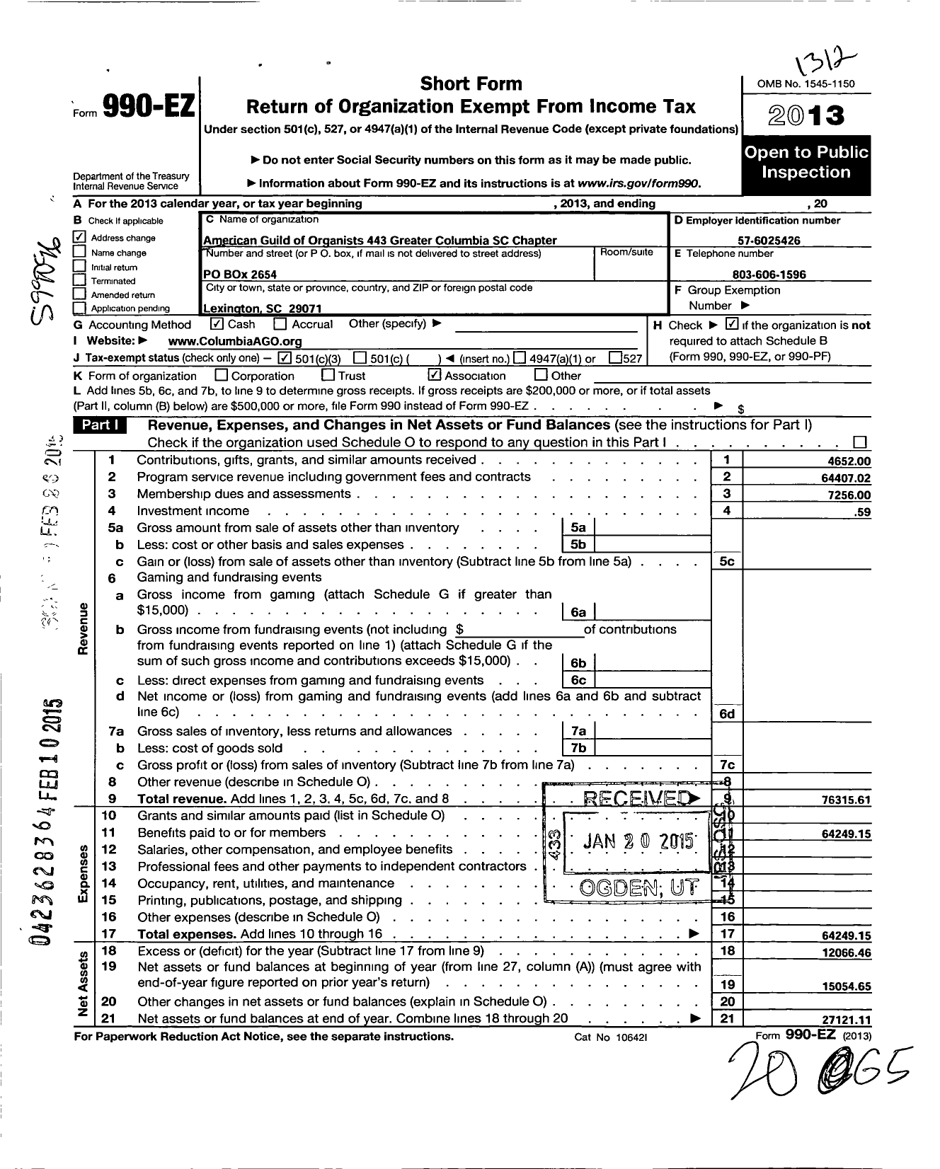 Image of first page of 2013 Form 990EZ for American Guild of Organists - 443 Greater Columbia SC Chapter