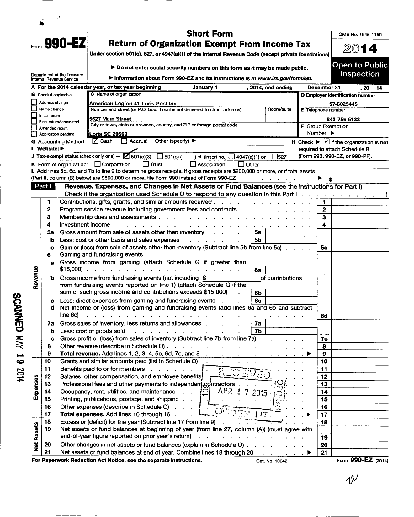 Image of first page of 2014 Form 990EZ for American Legion Post 41