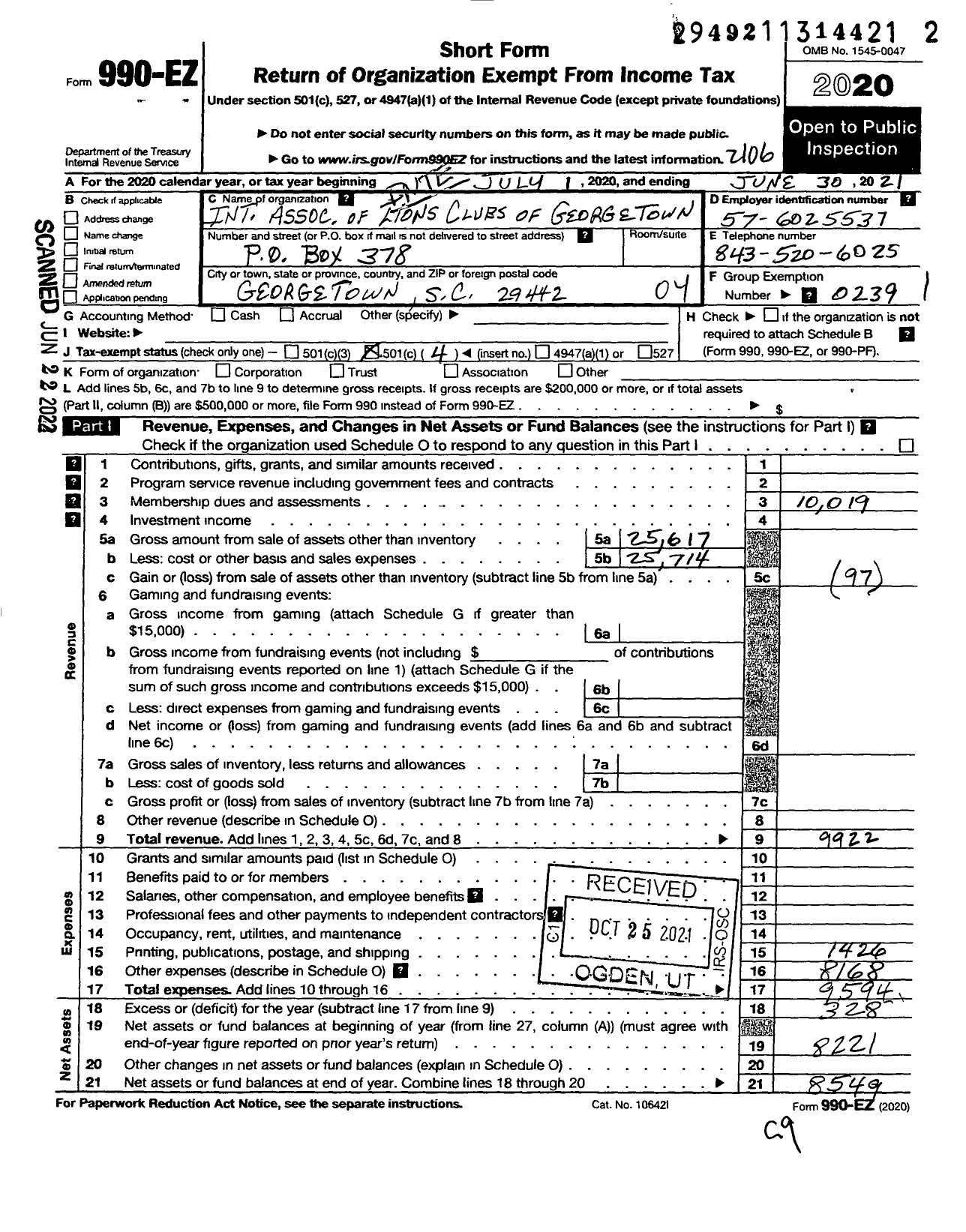 Image of first page of 2020 Form 990EO for Lions Clubs - 11834 Georgetown