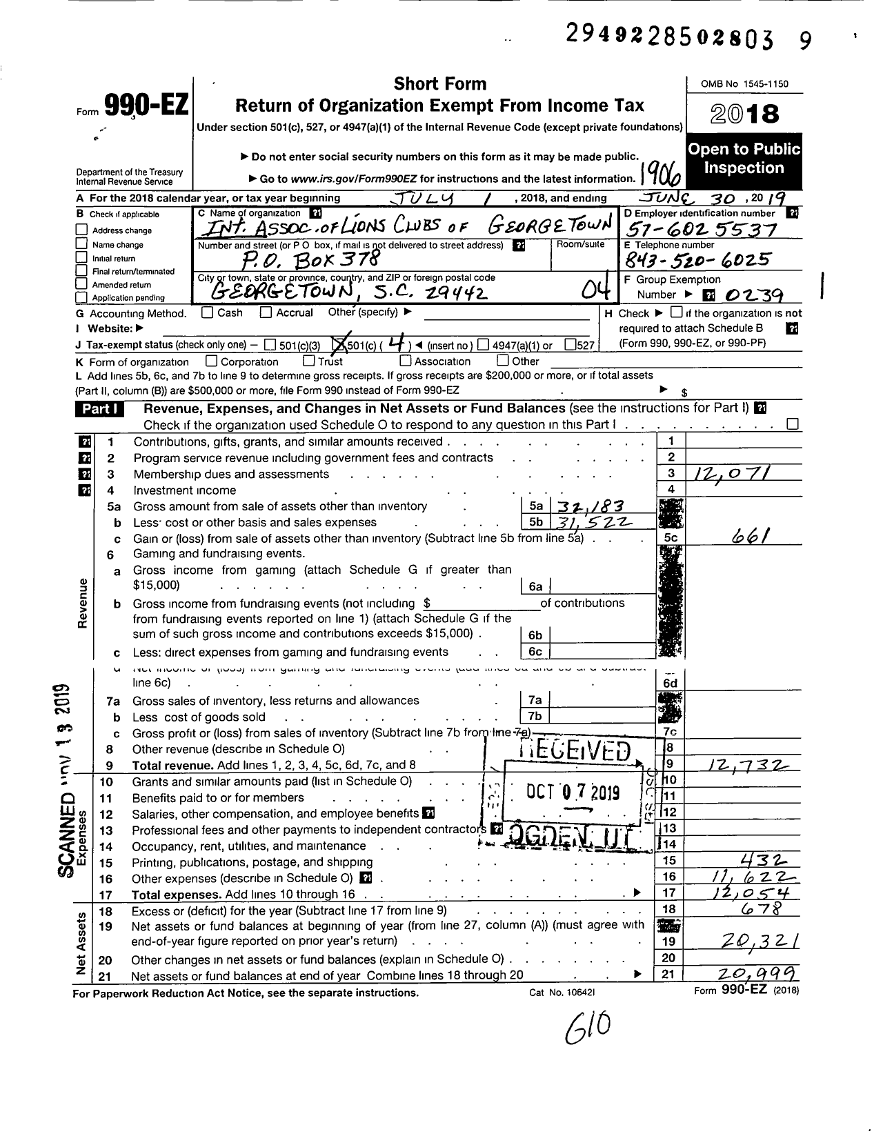 Image of first page of 2018 Form 990EO for Lions Clubs - 11834 Georgetown