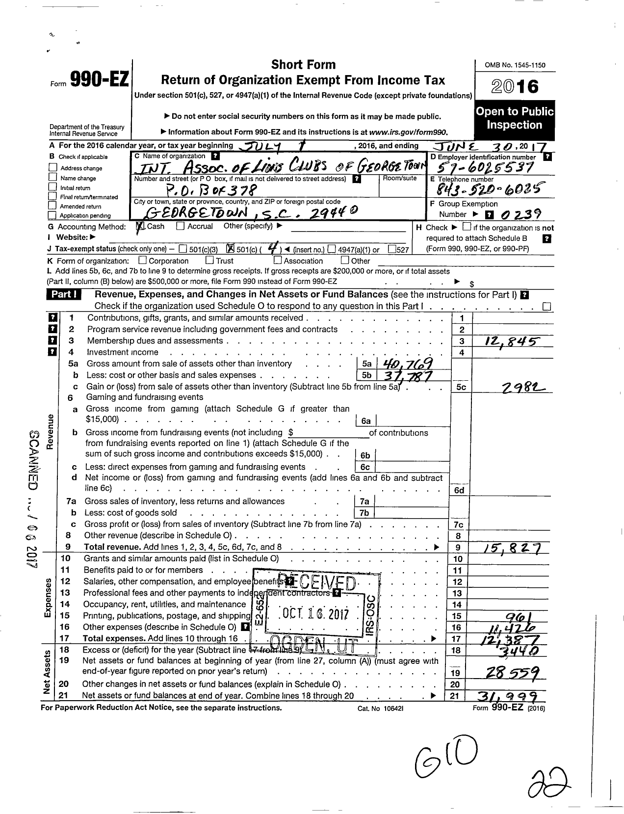 Image of first page of 2016 Form 990EO for Lions Clubs - 11834 Georgetown