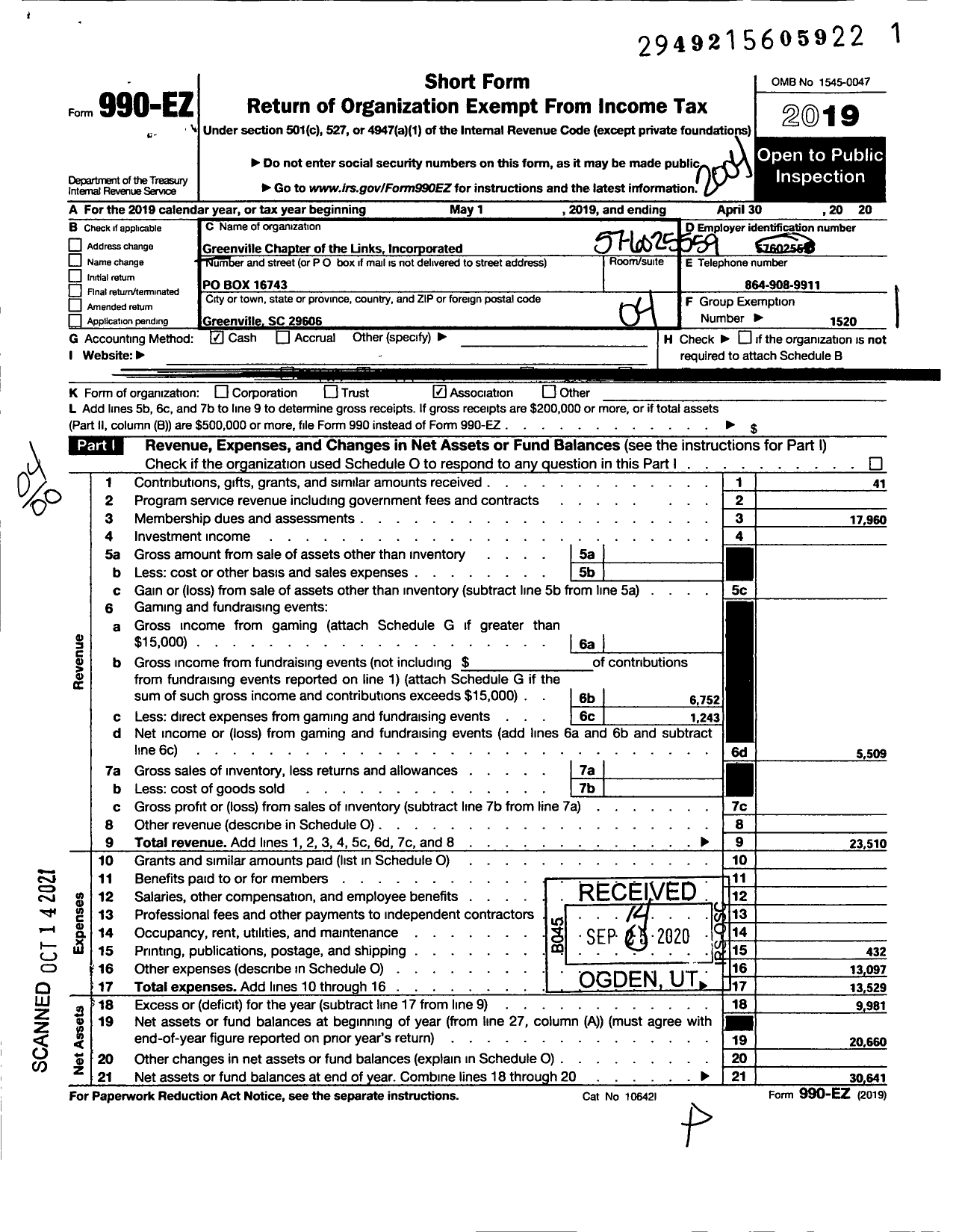 Image of first page of 2019 Form 990EO for Links / Greenville Chapter