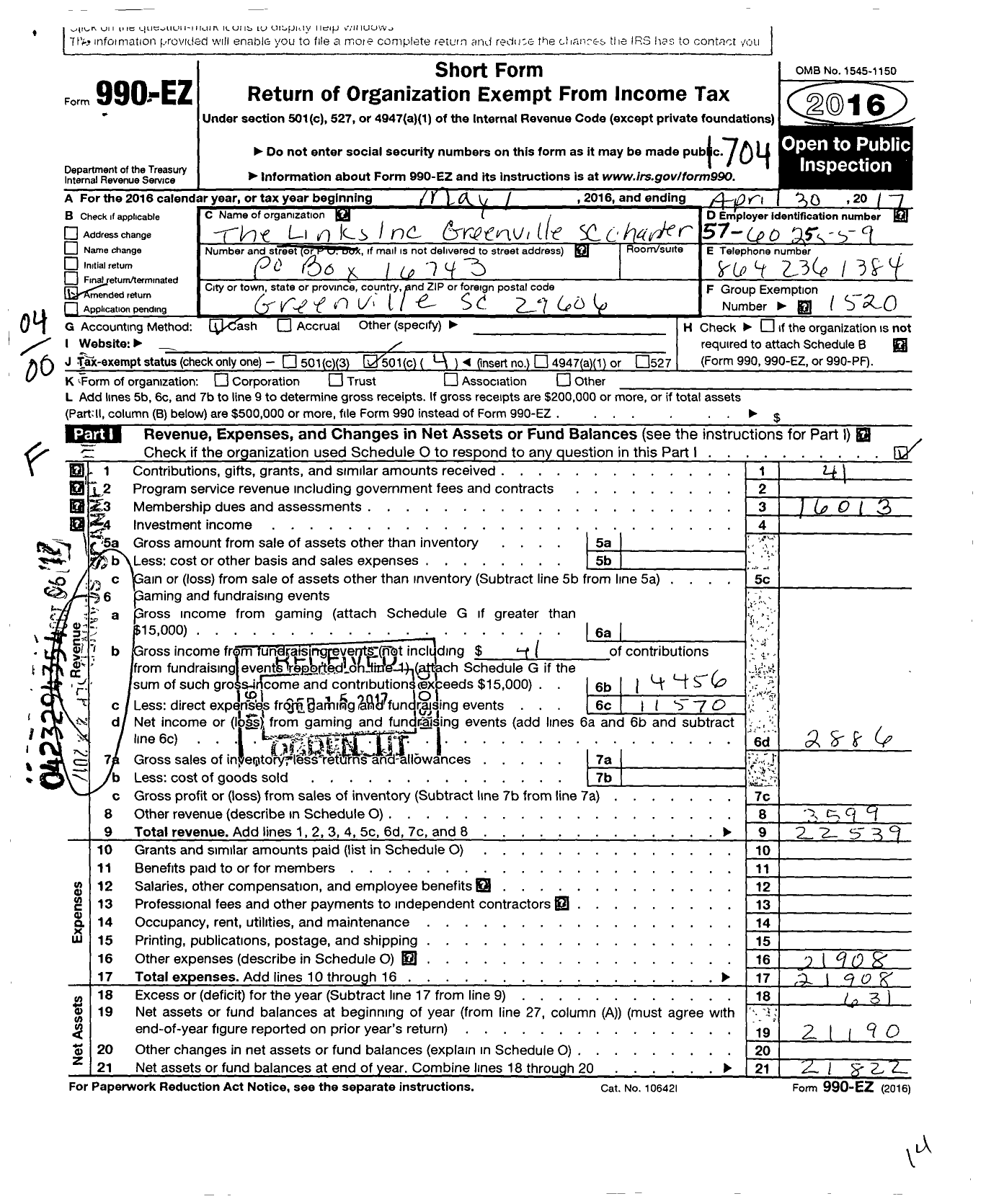 Image of first page of 2016 Form 990EO for Links / Greenville Chapter