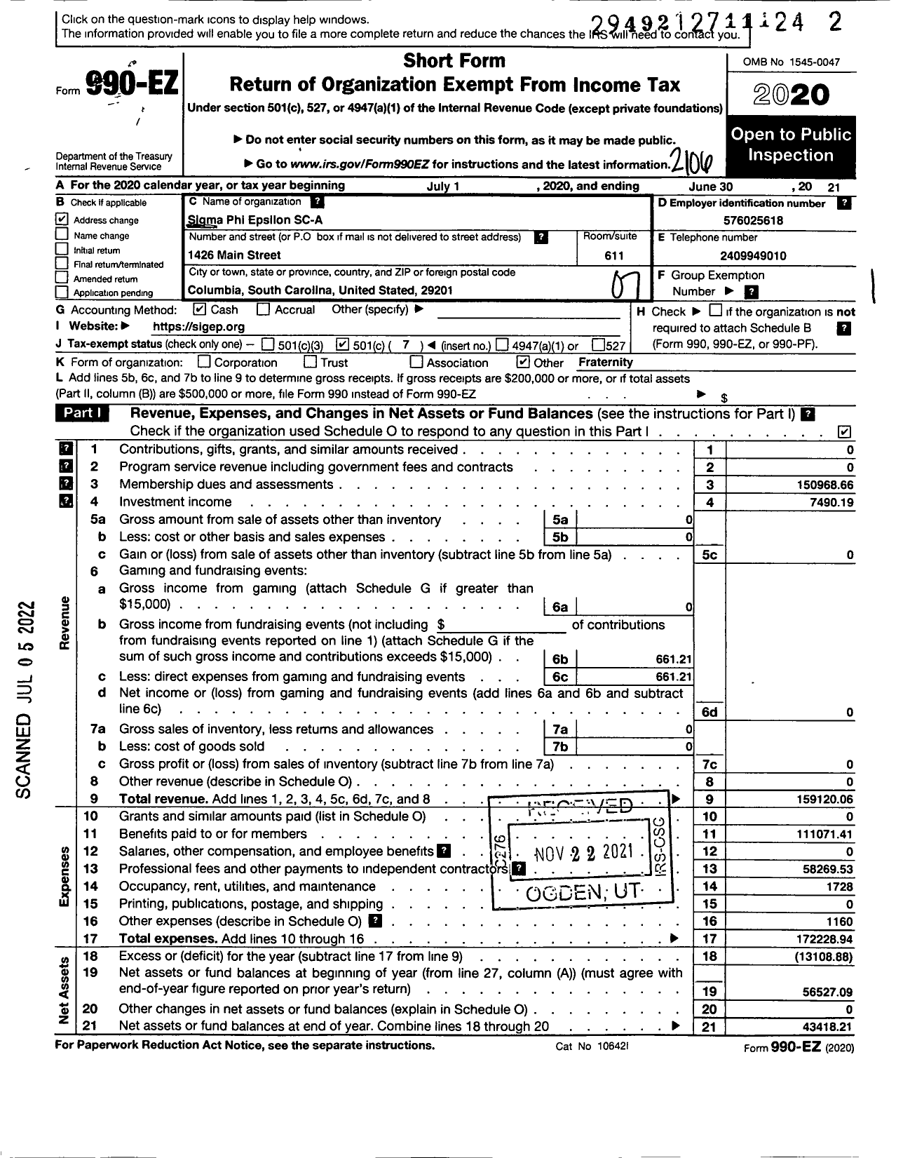 Image of first page of 2020 Form 990EO for SC Alpha Chapter of Sigma Phi Epsilon Fraternity