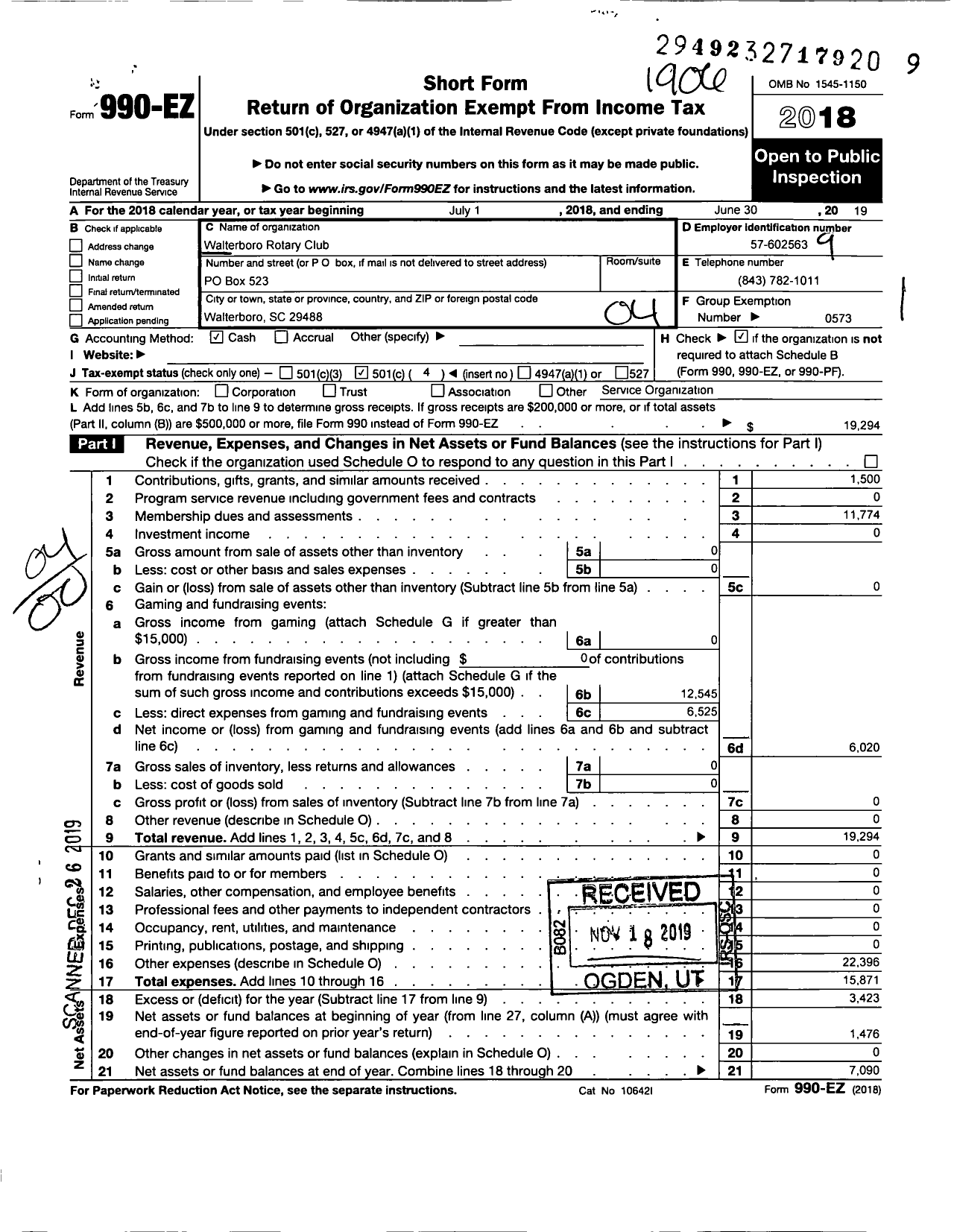 Image of first page of 2018 Form 990EO for Rotary International - Walterboro Rotary Club