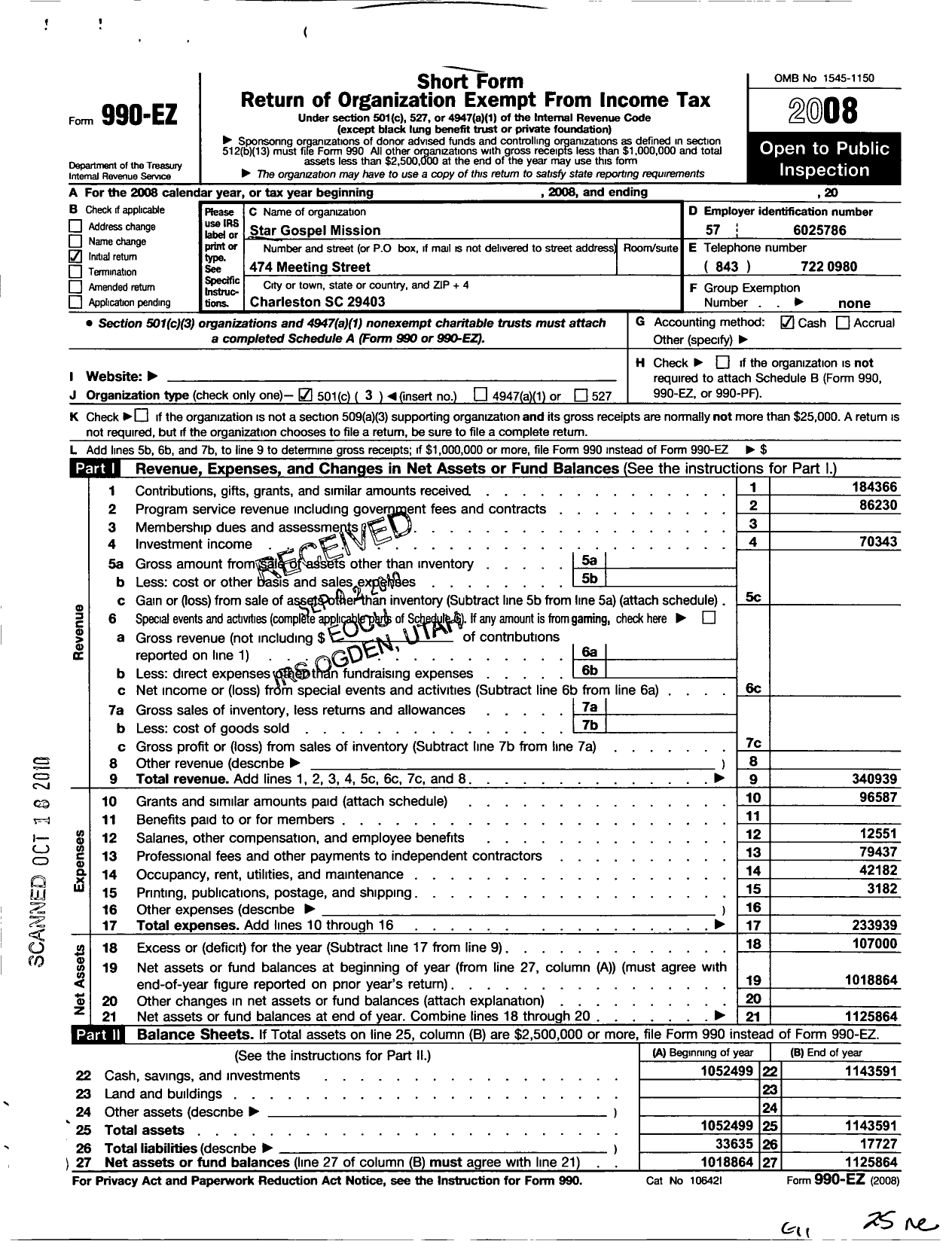 Image of first page of 2008 Form 990EZ for Star Gospel Mission