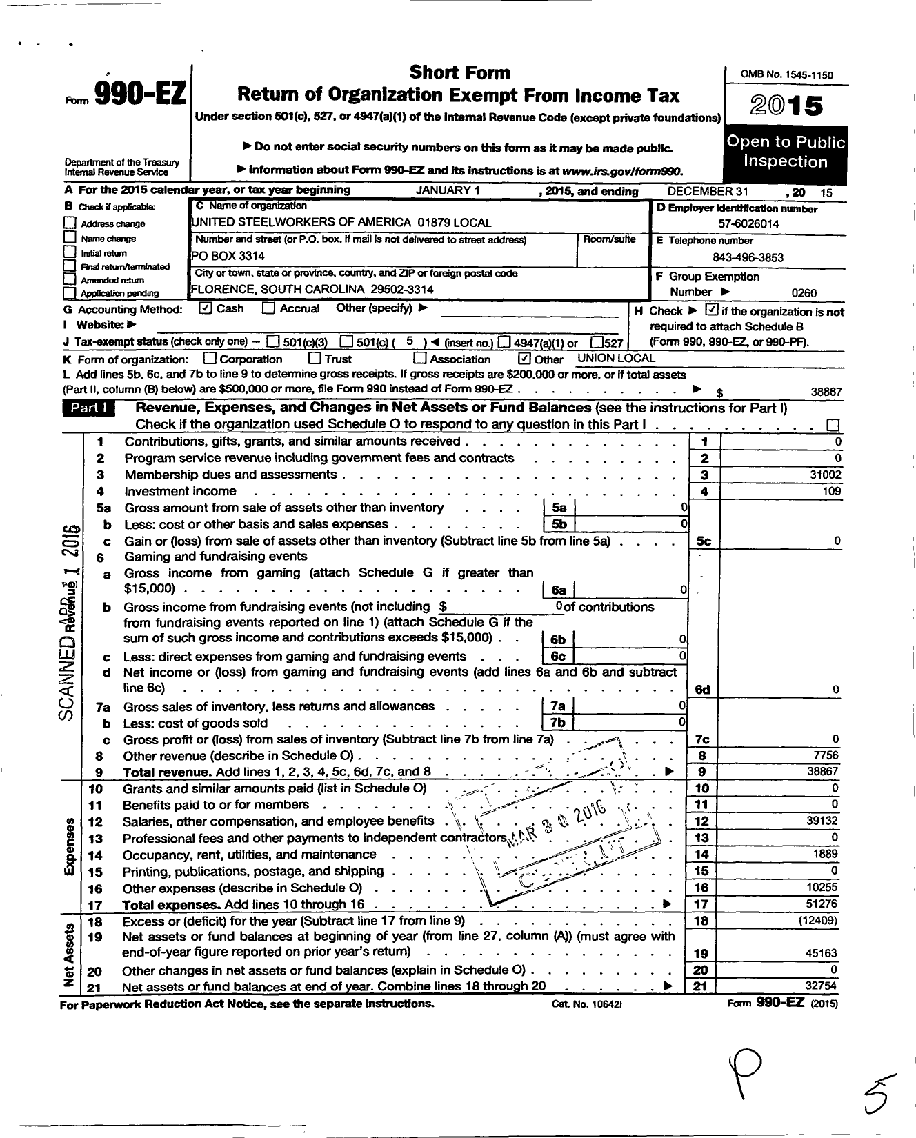 Image of first page of 2015 Form 990EO for United Steelworkers - 01879 Local