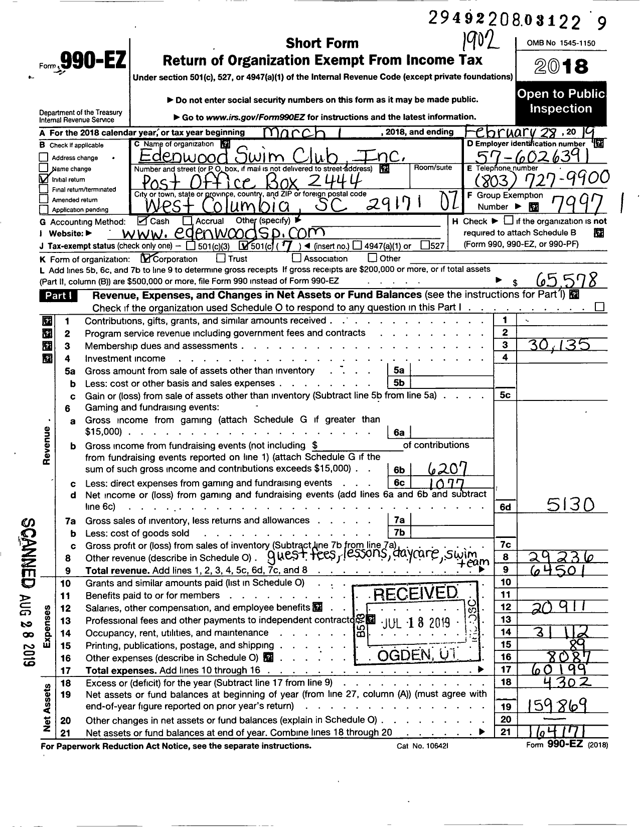 Image of first page of 2018 Form 990EO for Edenwood Swim Club