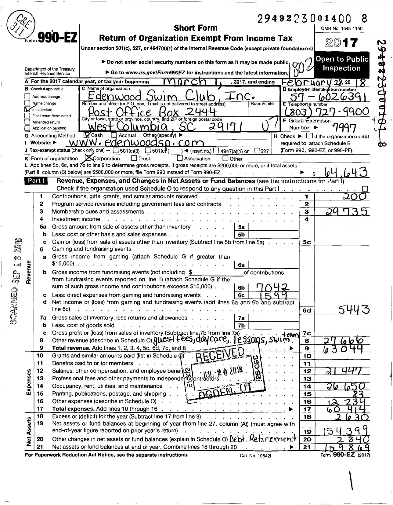 Image of first page of 2017 Form 990EO for Edenwood Swim Club
