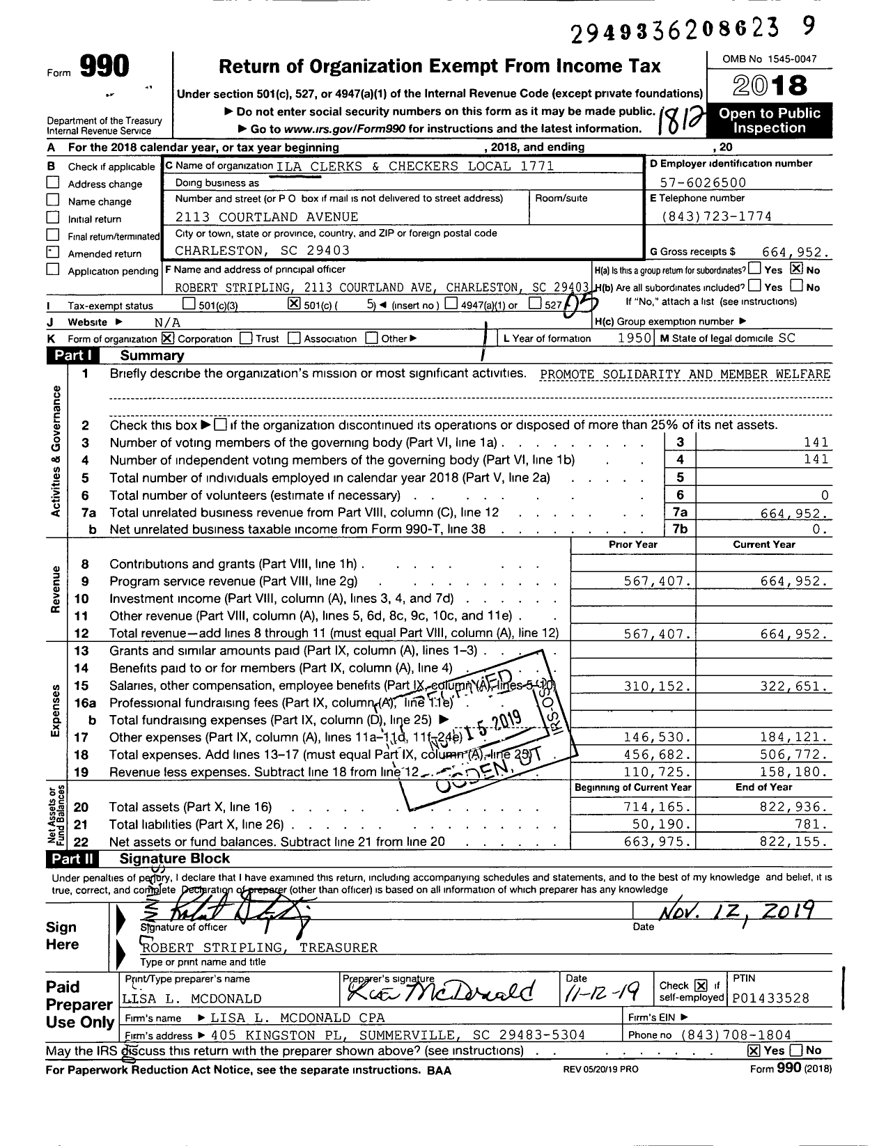 Image of first page of 2018 Form 990O for International Longshoremen's Association - 1771 Ila