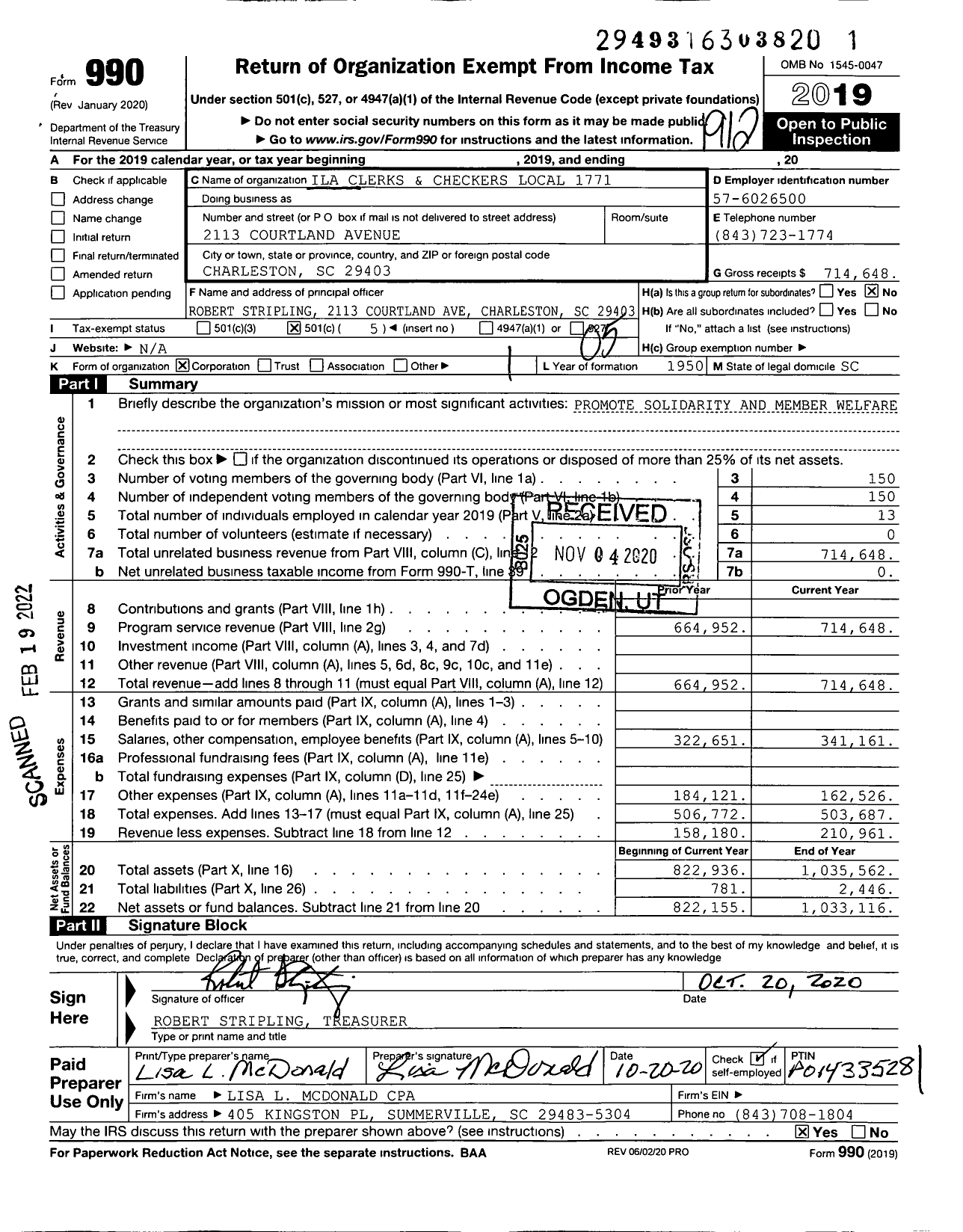 Image of first page of 2019 Form 990O for International Longshoremen's Association - 1771 Ila