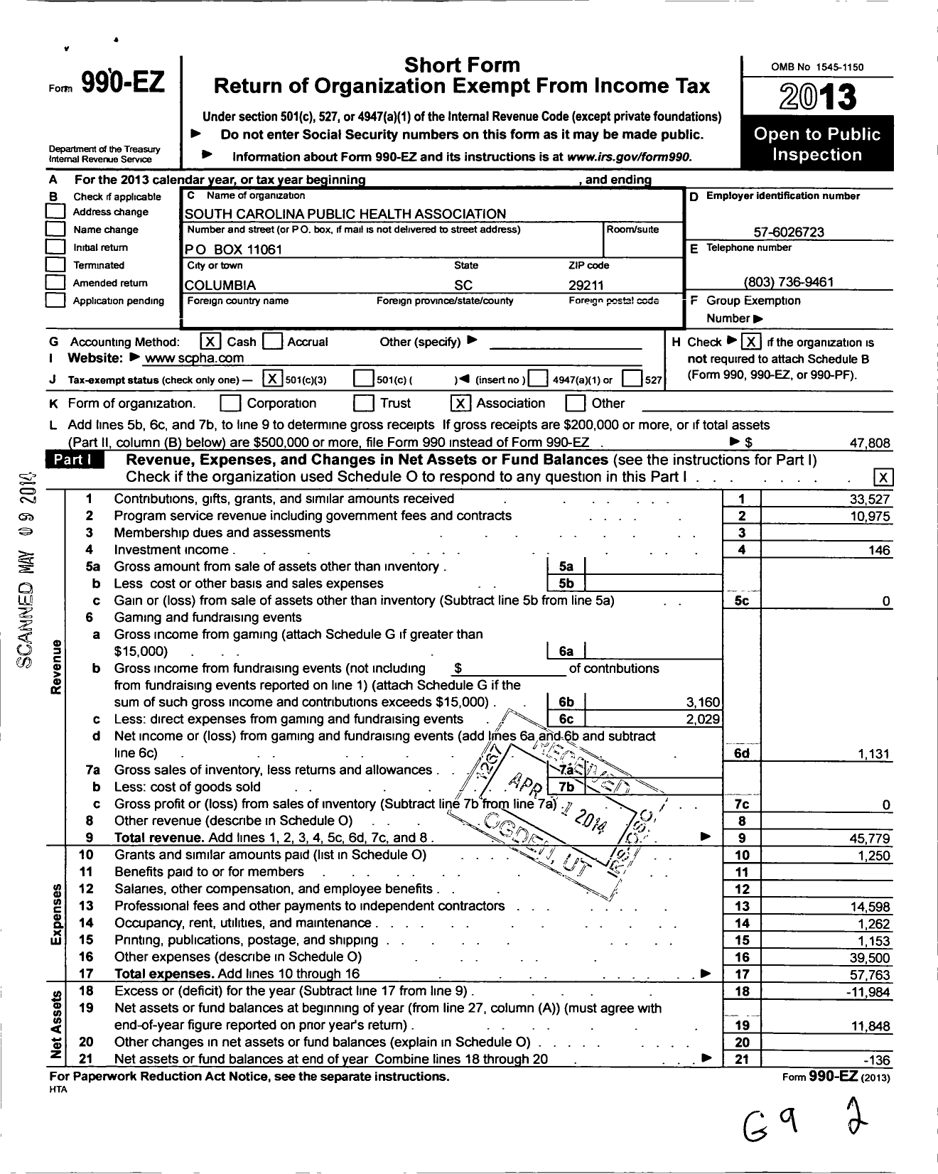 Image of first page of 2013 Form 990EZ for South Carolina Public Health Association