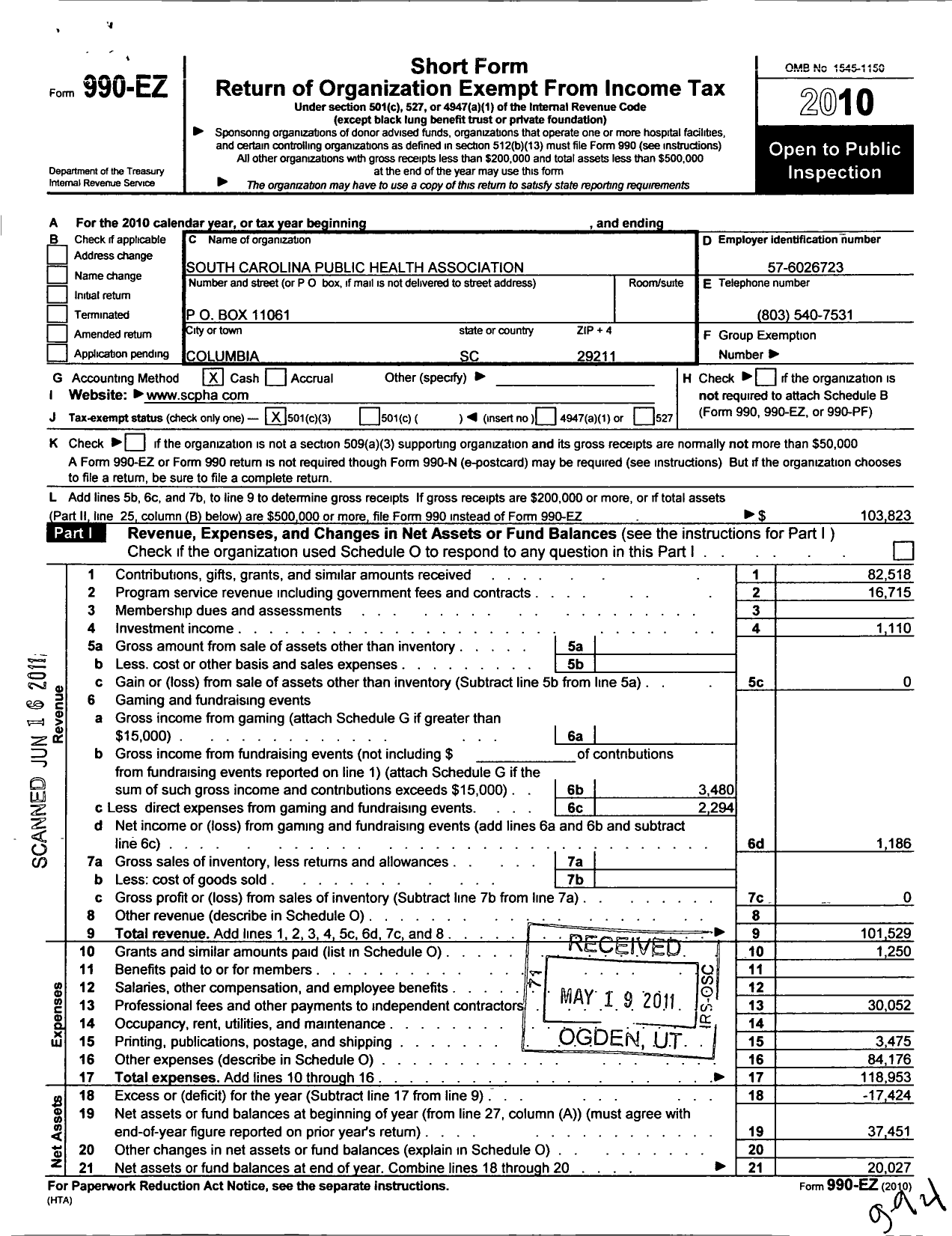 Image of first page of 2010 Form 990EZ for South Carolina Public Health Association