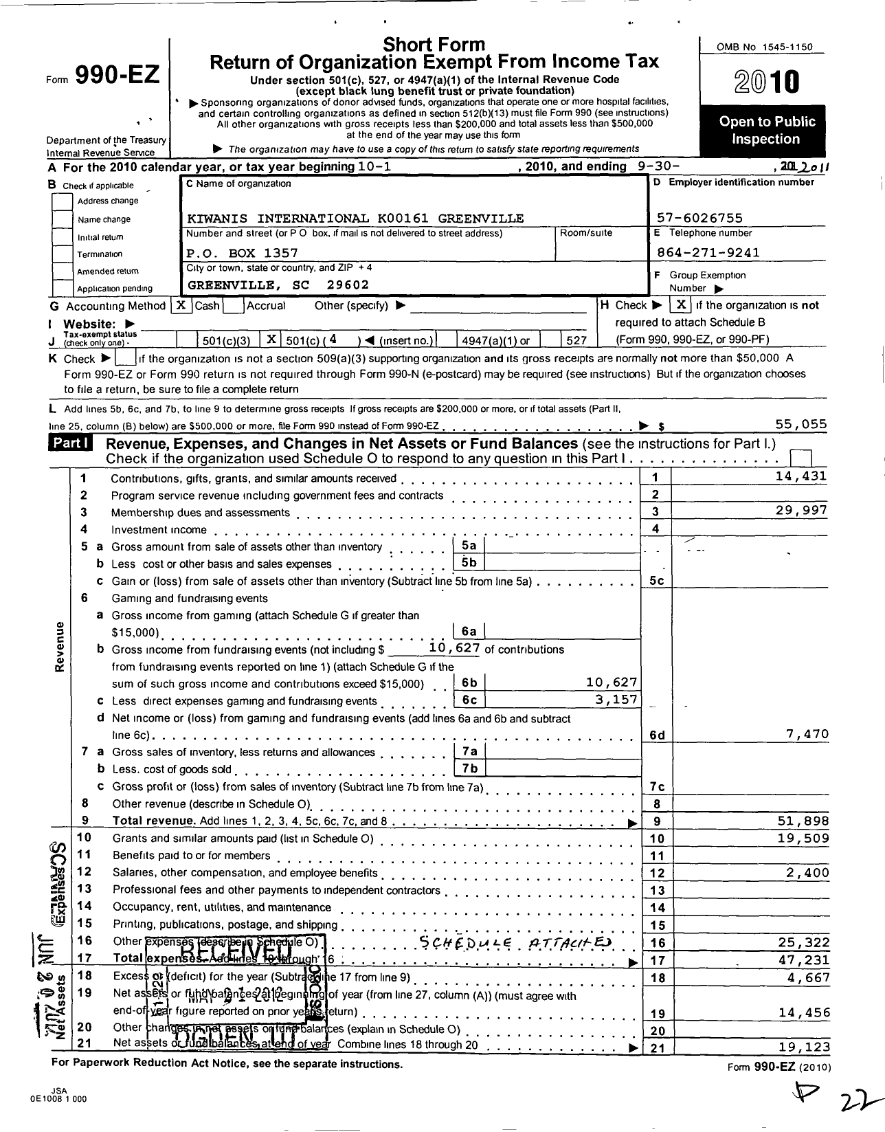 Image of first page of 2010 Form 990EO for Kiwanis International - K00161 Greenville