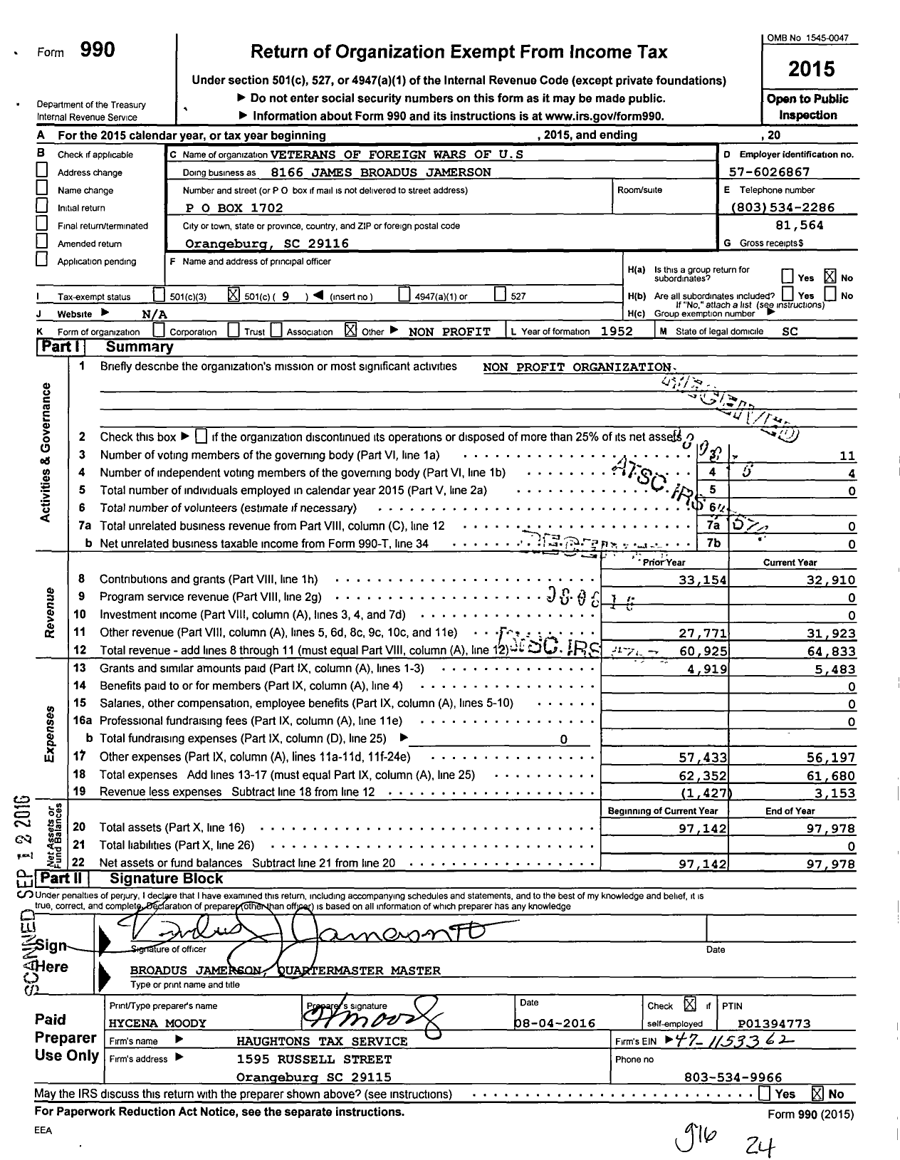 Image of first page of 2015 Form 990O for VFW Auxiliary VFW Department of S C - 8166 James Broadus Jamison Ladies A