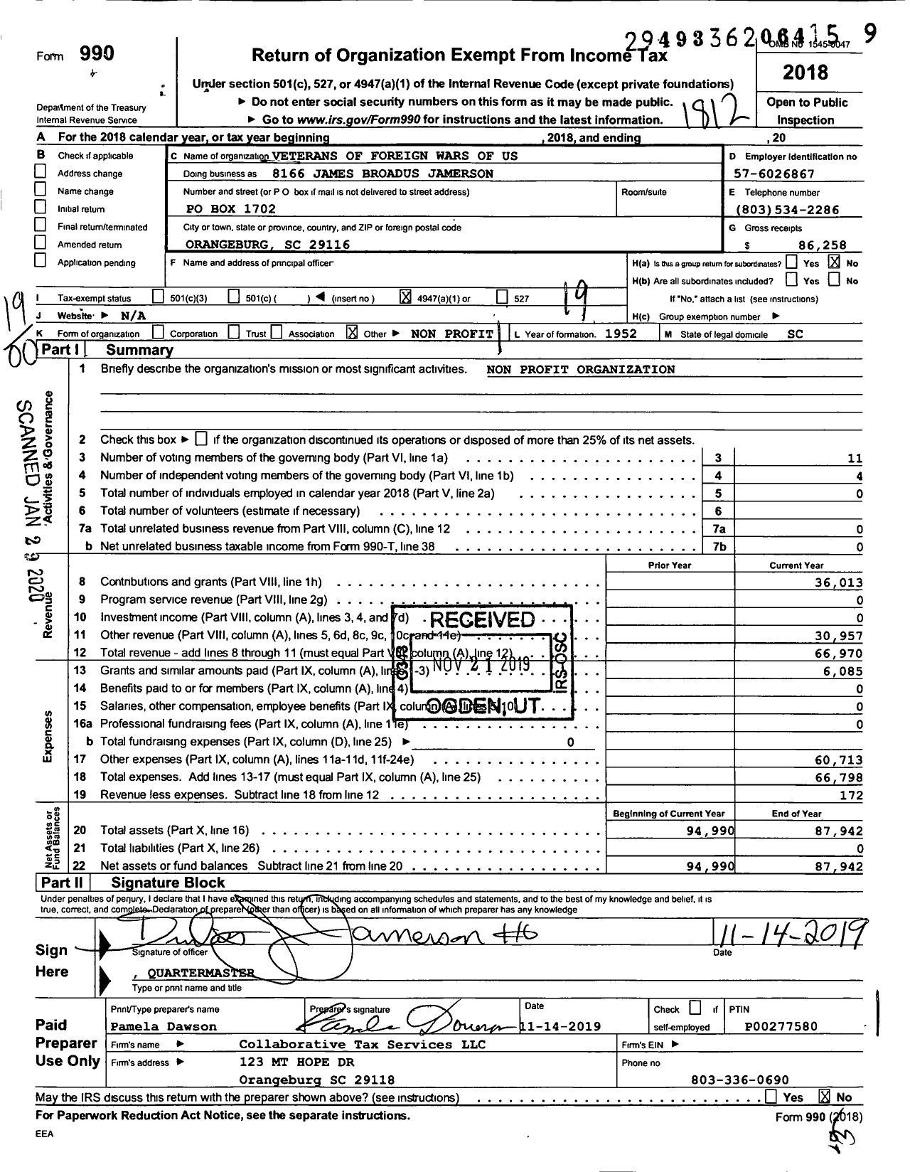 Image of first page of 2018 Form 990O for VFW Auxiliary VFW Department of S C - 8166 James Broadus Jamison Ladies A