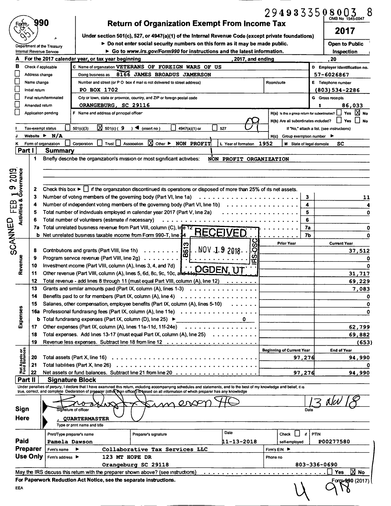 Image of first page of 2017 Form 990O for VFW Auxiliary VFW Department of S C - 8166 James Broadus Jamison Ladies A