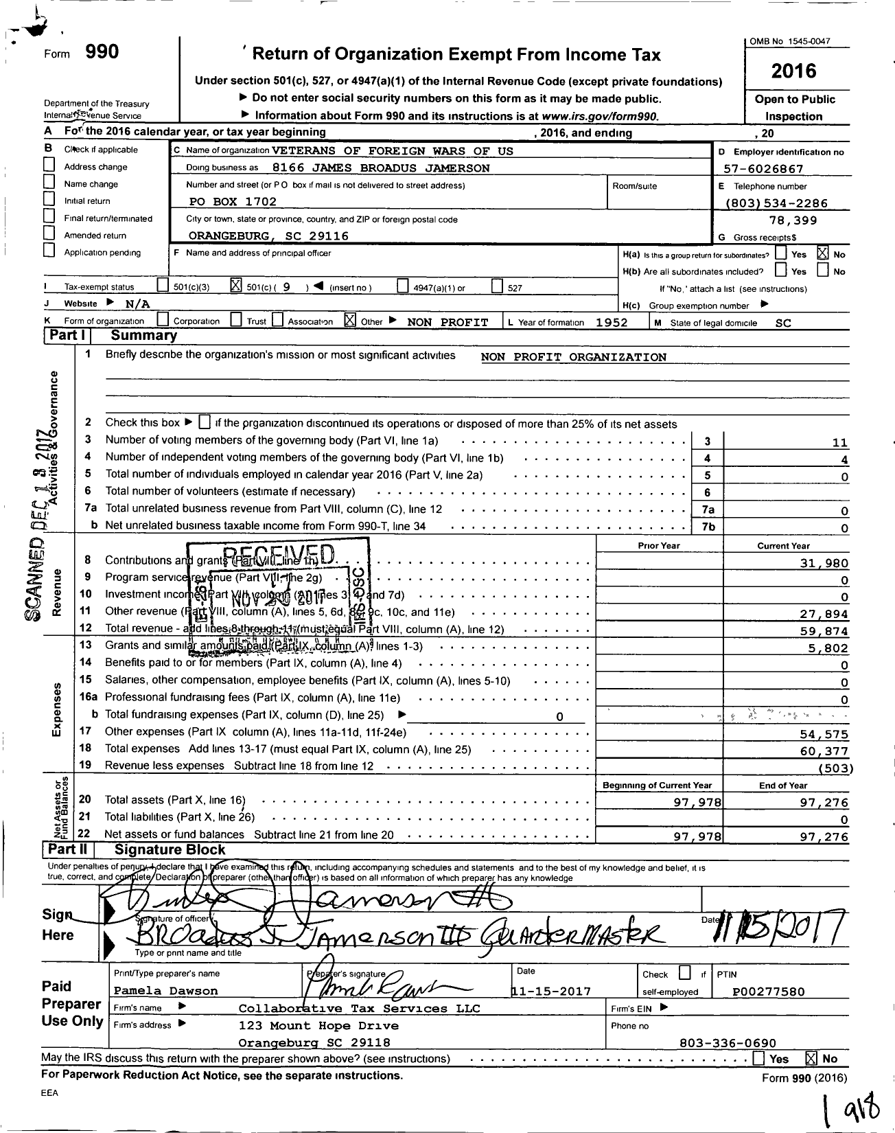 Image of first page of 2016 Form 990O for VFW Auxiliary VFW Department of S C - 8166 James Broadus Jamison Ladies A