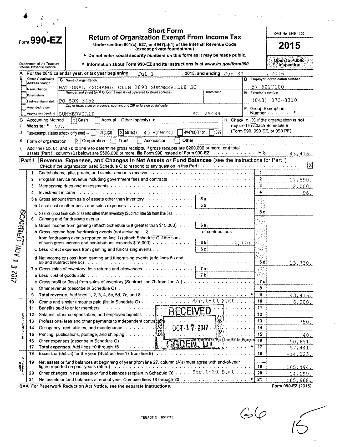 Image of first page of 2015 Form 990EO for National Exchange Club 2090 Summerville SC
