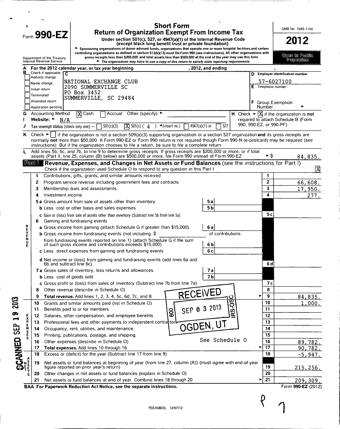 Image of first page of 2012 Form 990EO for National Exchange Club 2090 Summerville SC