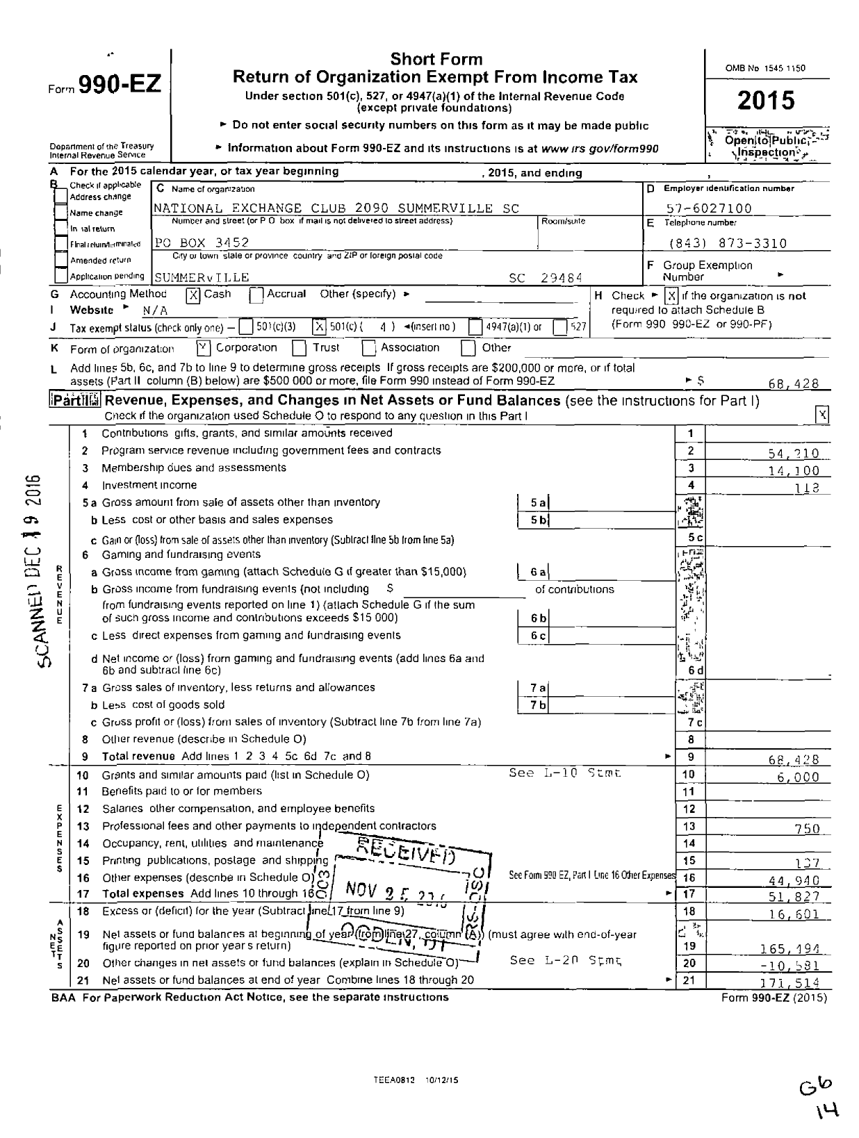 Image of first page of 2015 Form 990EO for National Exchange Club 2090 Summerville SC