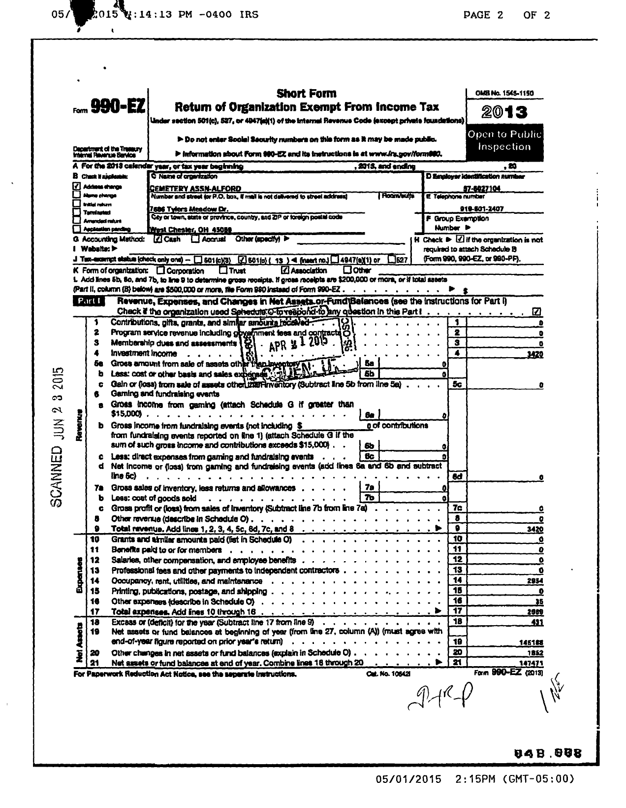 Image of first page of 2013 Form 990EO for Alford Cemetery Association