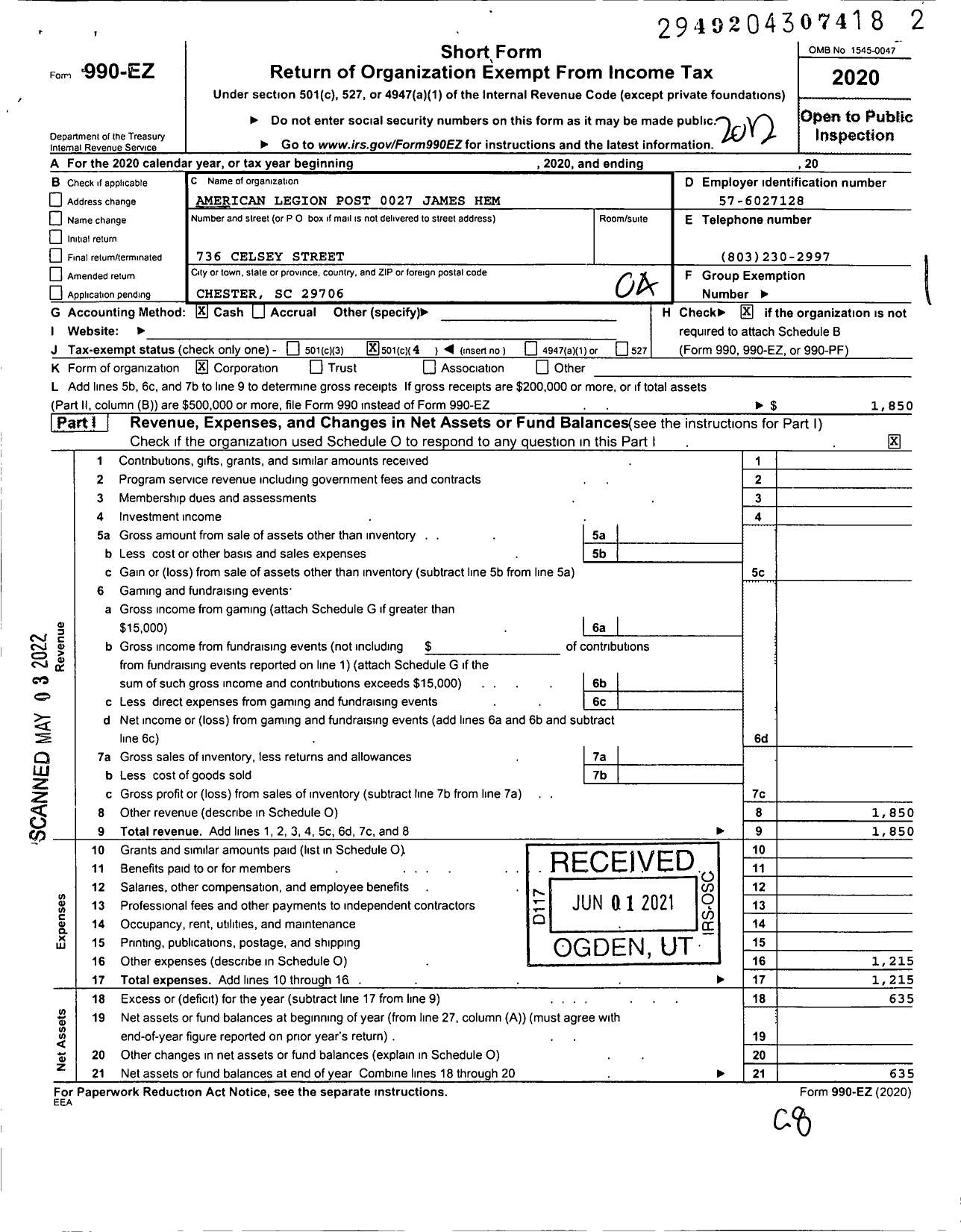 Image of first page of 2020 Form 990EO for American Legion - 27 James Hemphill SC Post