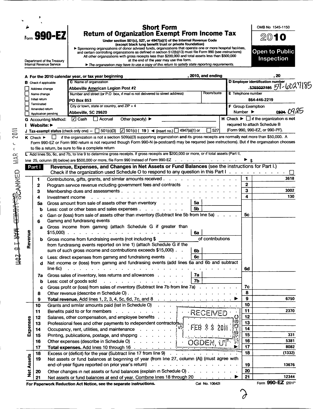 Image of first page of 2010 Form 990EO for American Legion - 2 Abbeville Inc Post