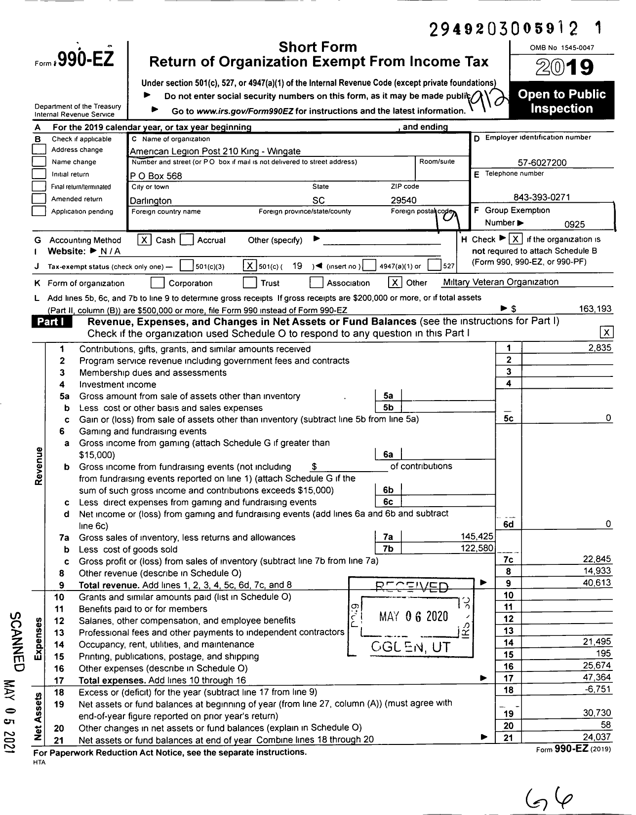 Image of first page of 2019 Form 990EO for American Legion - 210 King Wingate