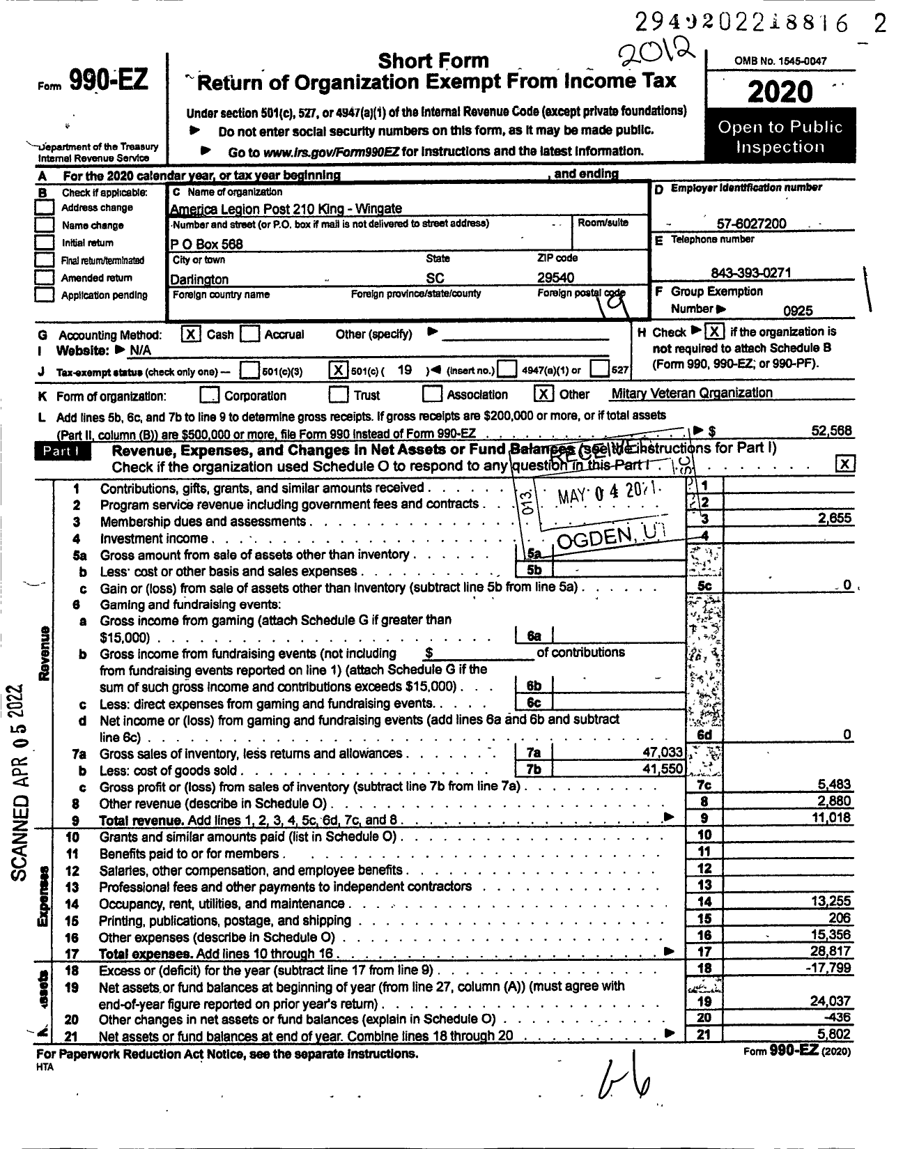 Image of first page of 2020 Form 990EO for American Legion - 210 King Wingate