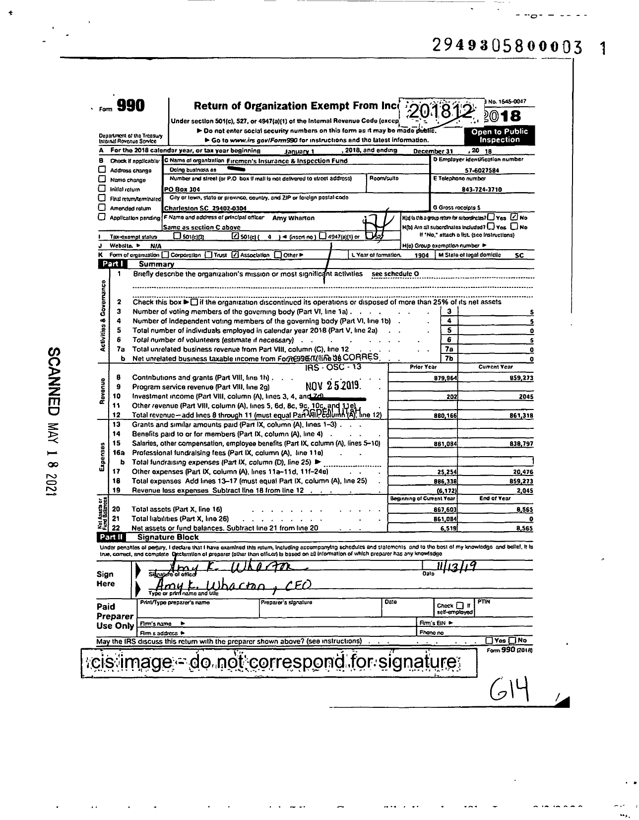 Image of first page of 2018 Form 990O for Firemens Insurance and Inspection Fund
