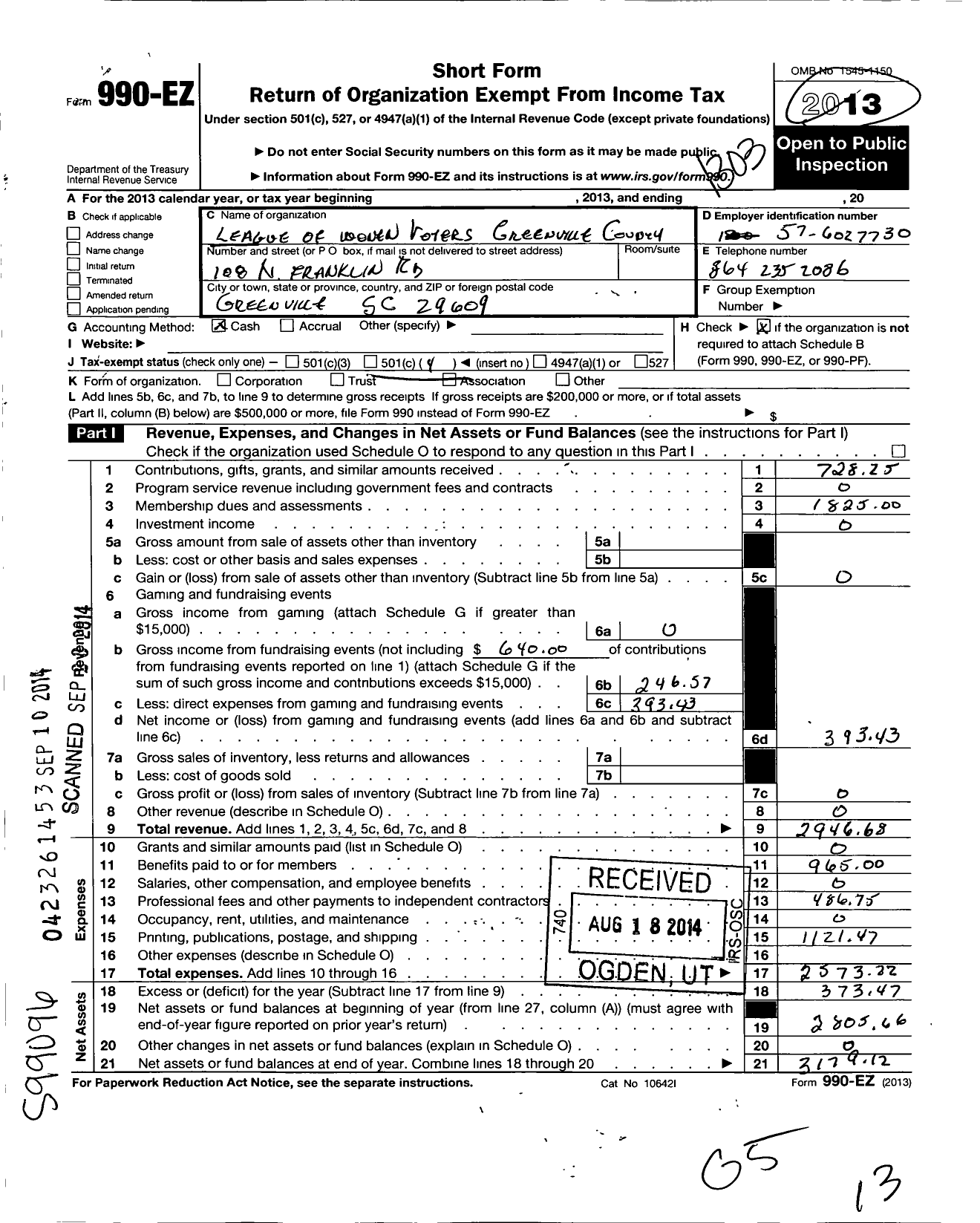 Image of first page of 2012 Form 990EO for League of Women Voters of South Carolina / Greenville County