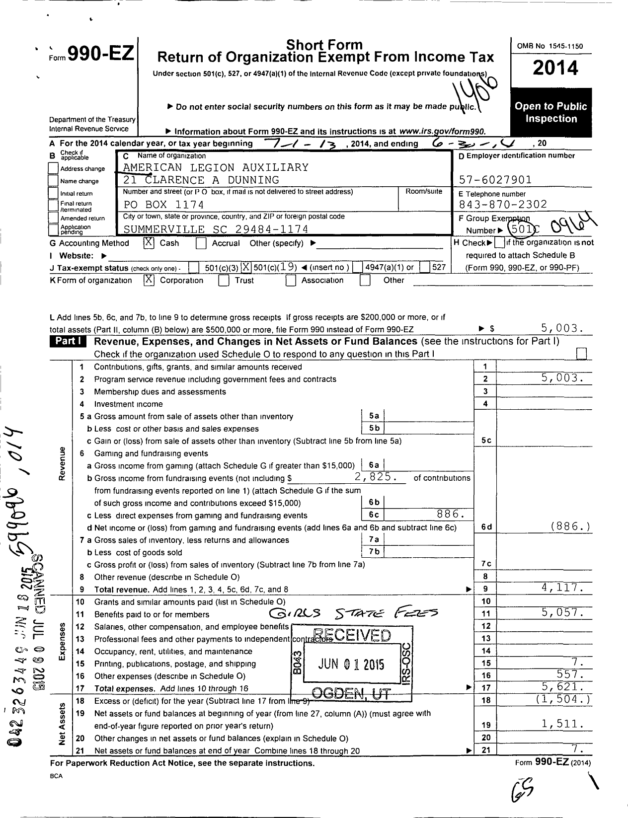 Image of first page of 2013 Form 990EO for American Legion Auxiliary - 21 Clarence A Dunning