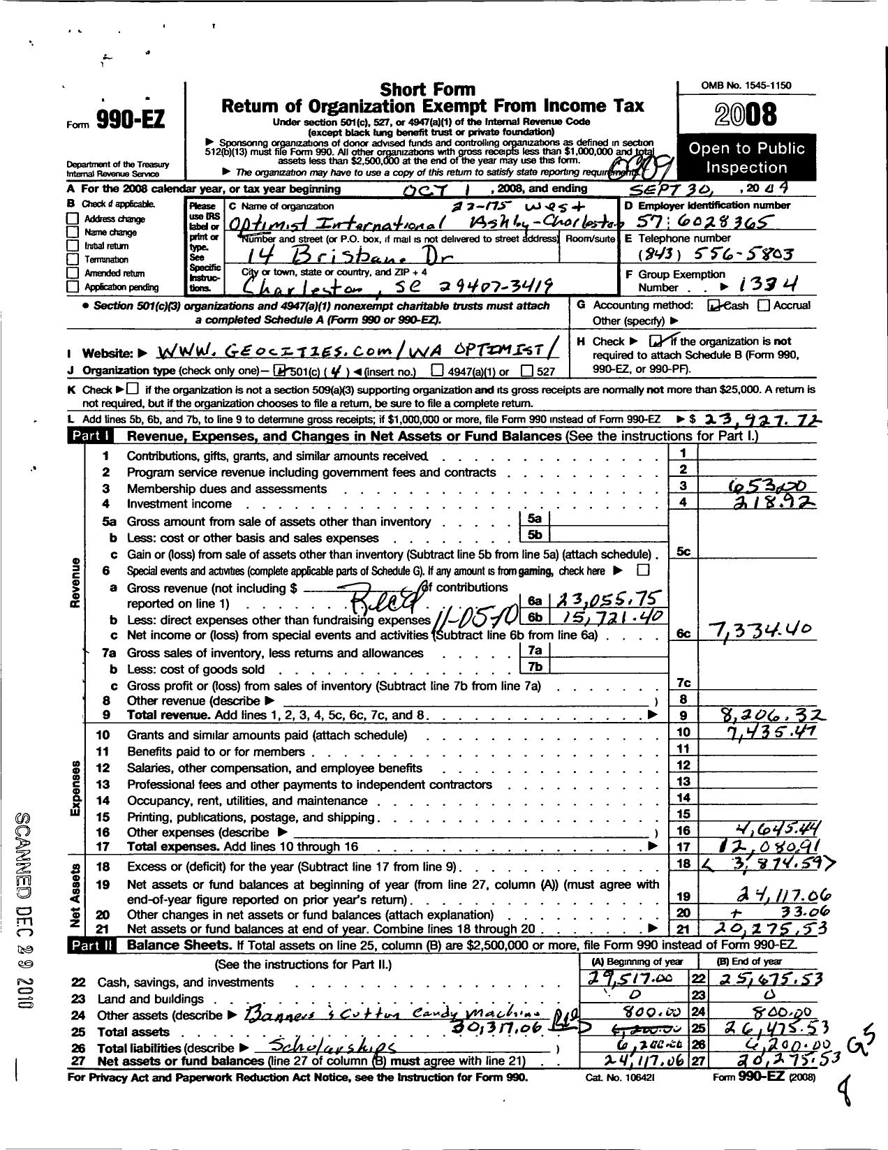 Image of first page of 2008 Form 990EO for Optimist International - 22175 Oc of Charleston-West Ashley