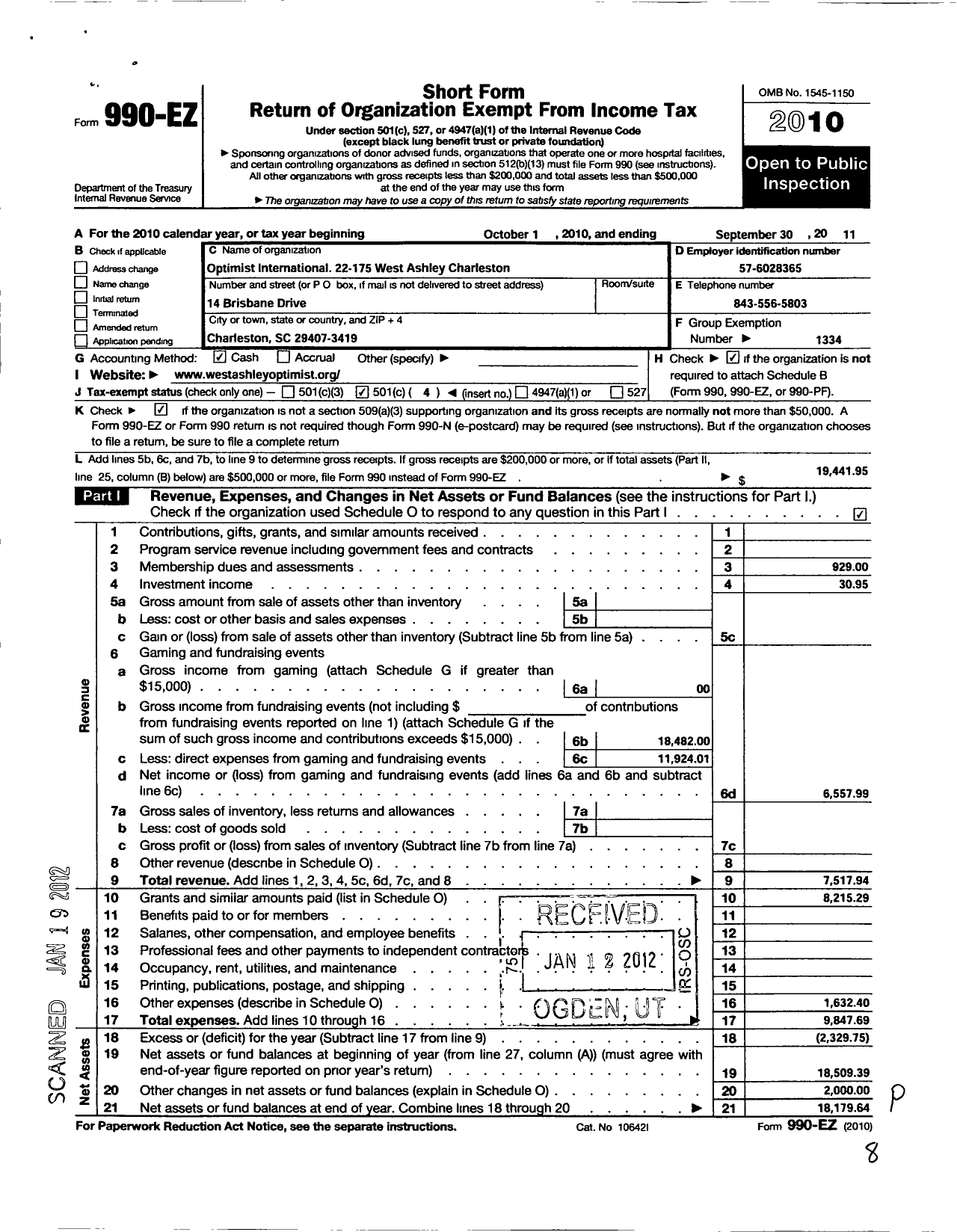 Image of first page of 2010 Form 990EO for Optimist International - 22175 Oc of Charleston-West Ashley
