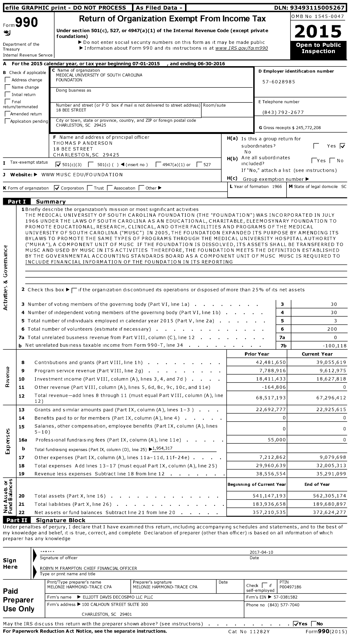 Image of first page of 2015 Form 990 for Medical University of South Carolina Foundation
