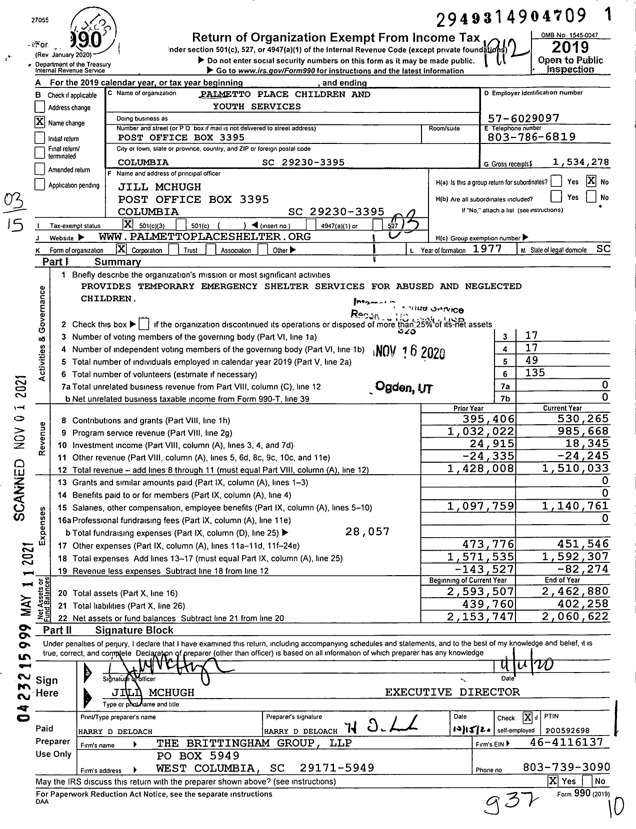 Image of first page of 2019 Form 990 for Palmetto Place Childrens and Youth Services