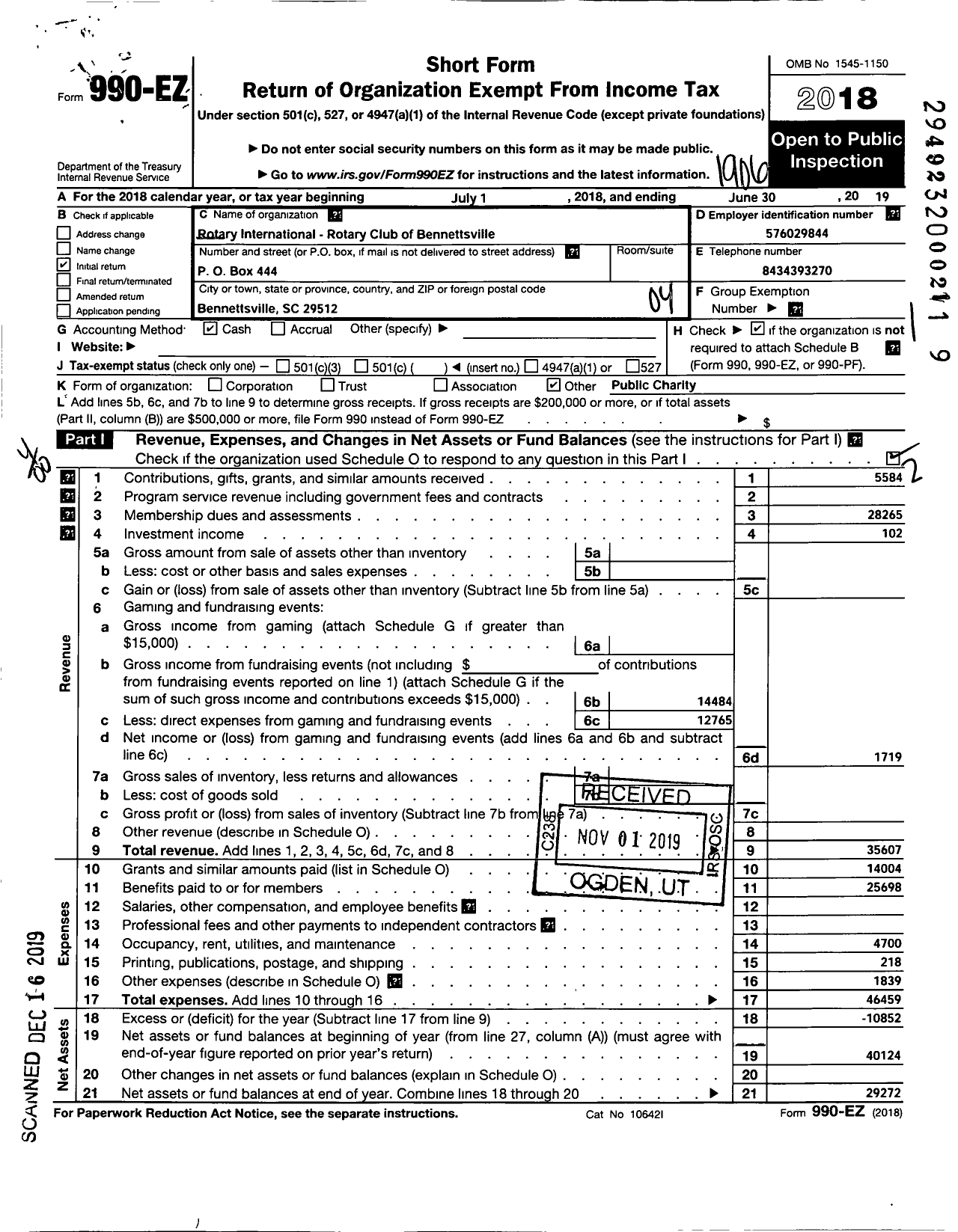 Image of first page of 2018 Form 990EO for Rotary International - Rotary Club of Bennettsville