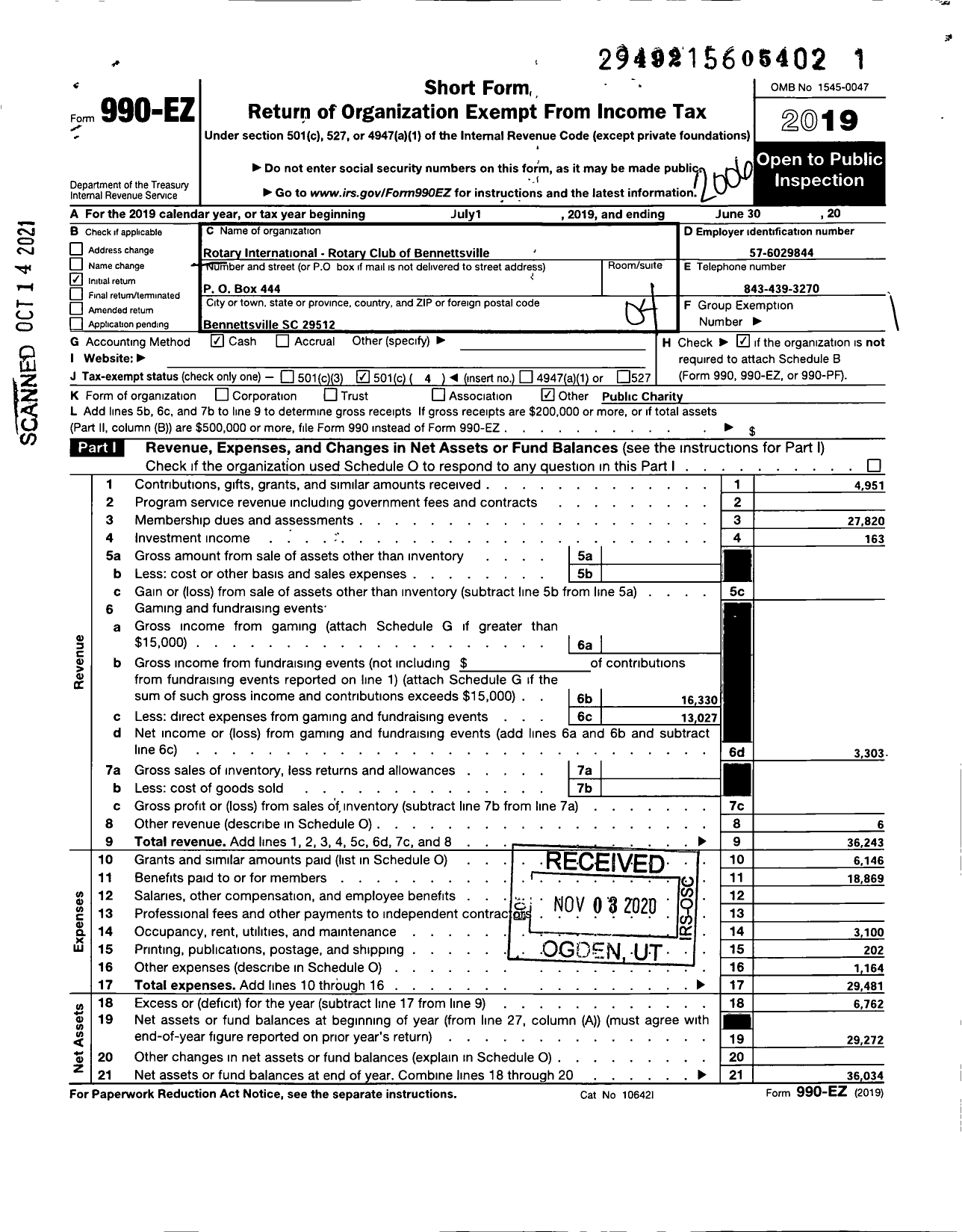 Image of first page of 2019 Form 990EO for Rotary International - Rotary Club of Bennettsville