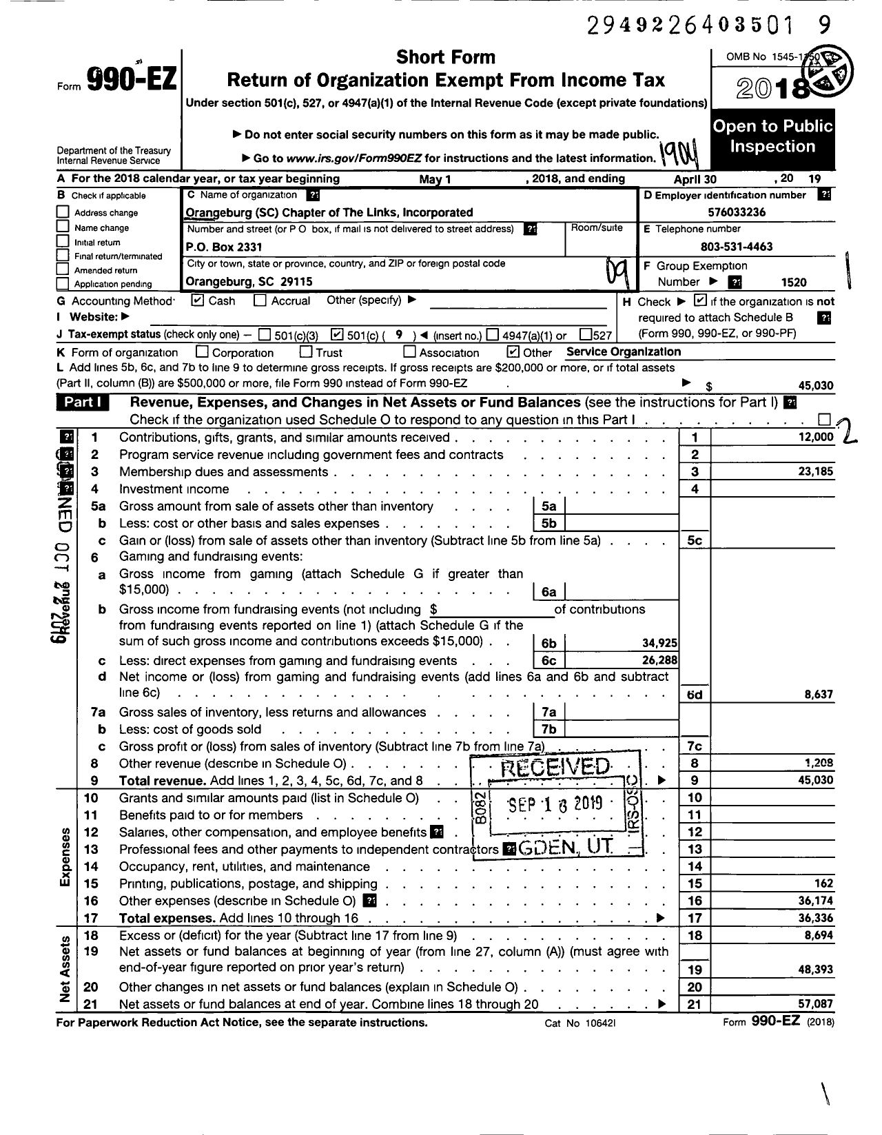 Image of first page of 2018 Form 990EO for Links / Orangeburg Chapter