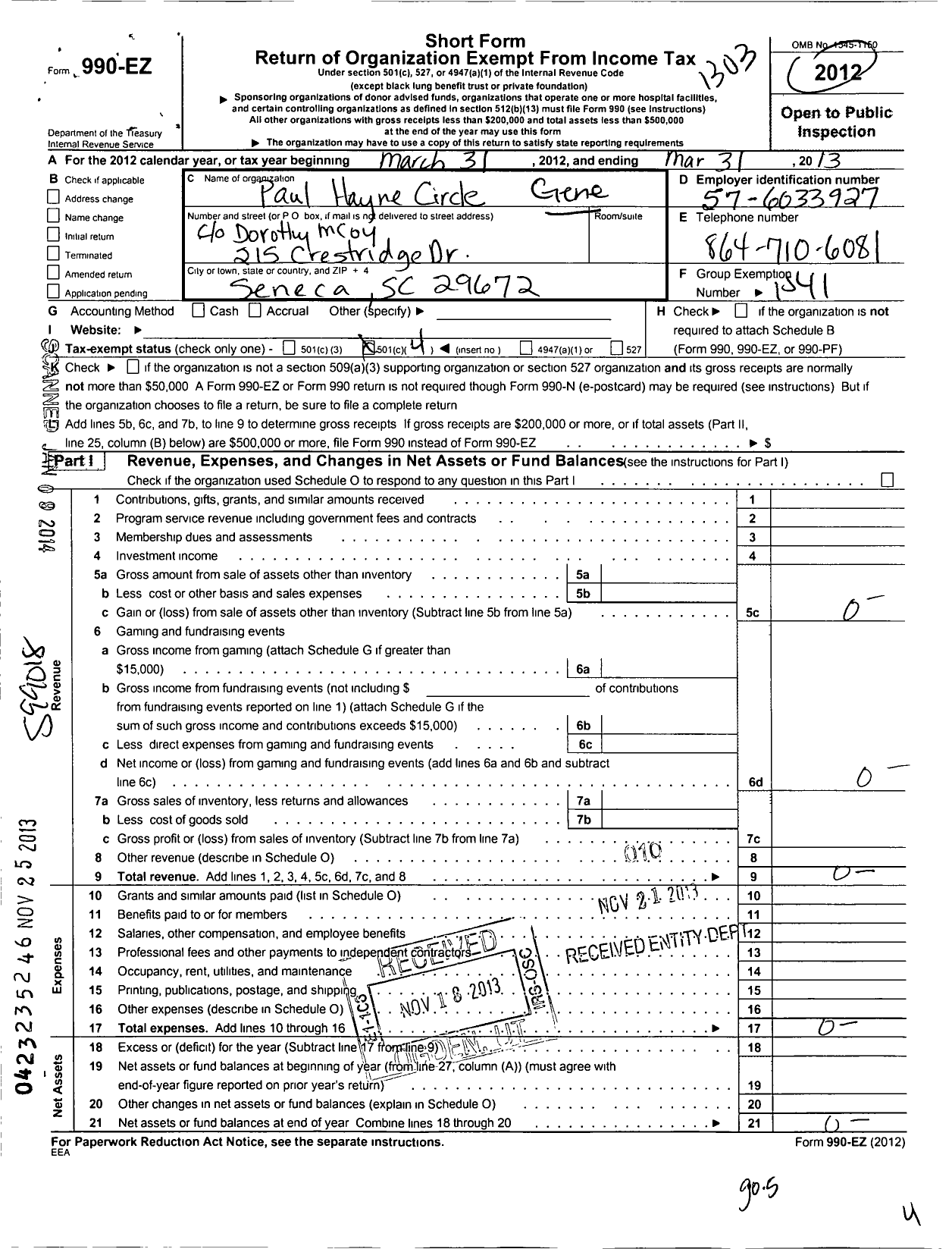 Image of first page of 2012 Form 990EO for General Federation of Womens Clubs of South Carolina / Paul Hayne Circle