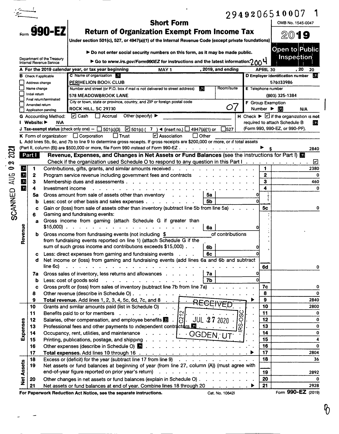 Image of first page of 2019 Form 990EO for Perihelion Book Club