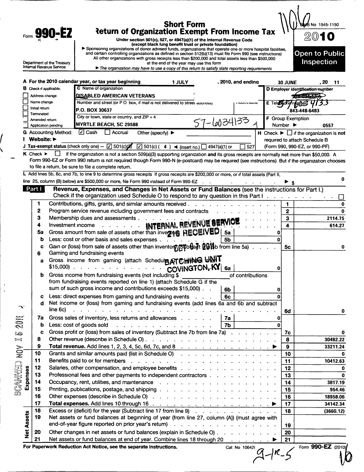 Image of first page of 2010 Form 990EO for Disabled American Veterans - 30 Carroll E Prosser