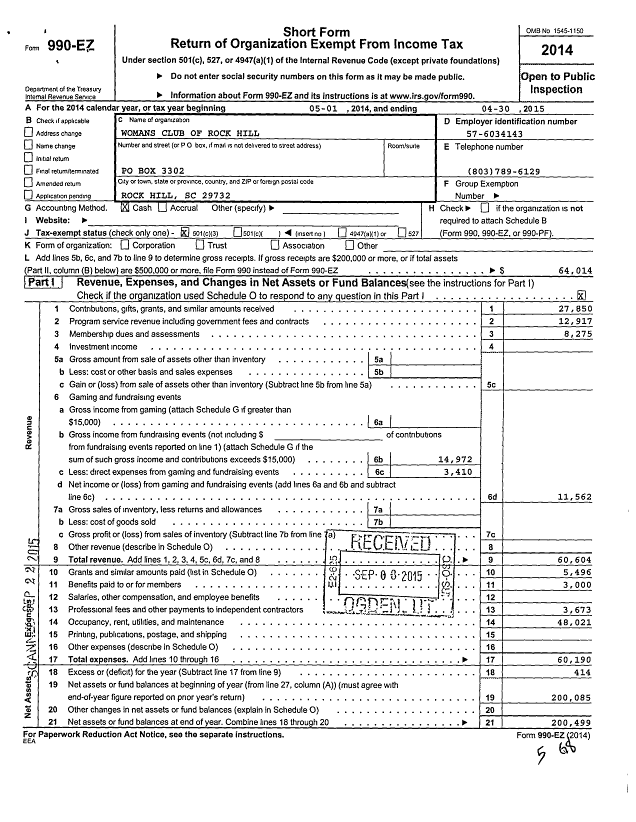 Image of first page of 2014 Form 990EZ for General Federation of Womens Clubs of South Carolina / Womans Club of Rock Hill