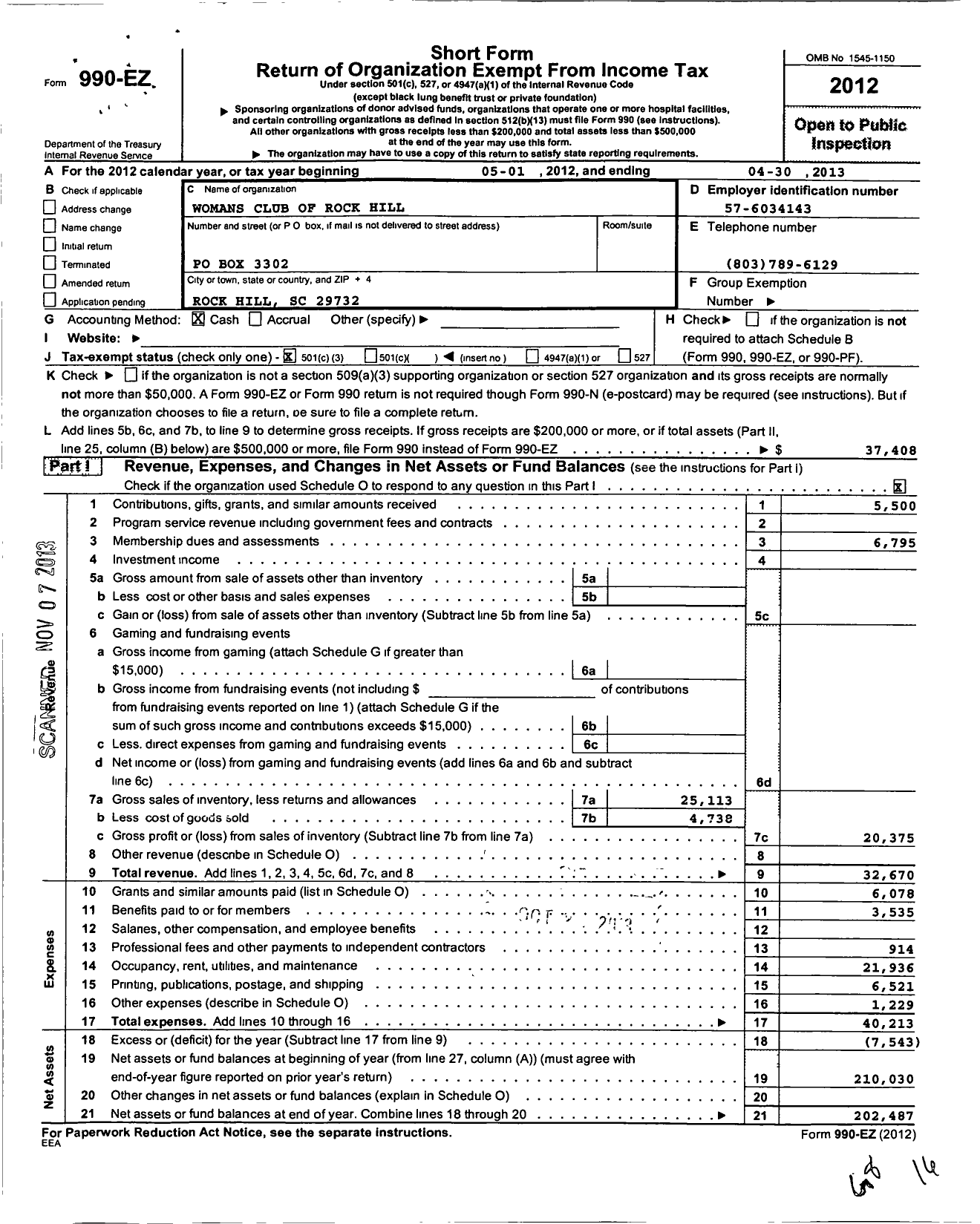 Image of first page of 2012 Form 990EZ for General Federation of Womens Clubs of South Carolina / Womans Club of Rock Hill