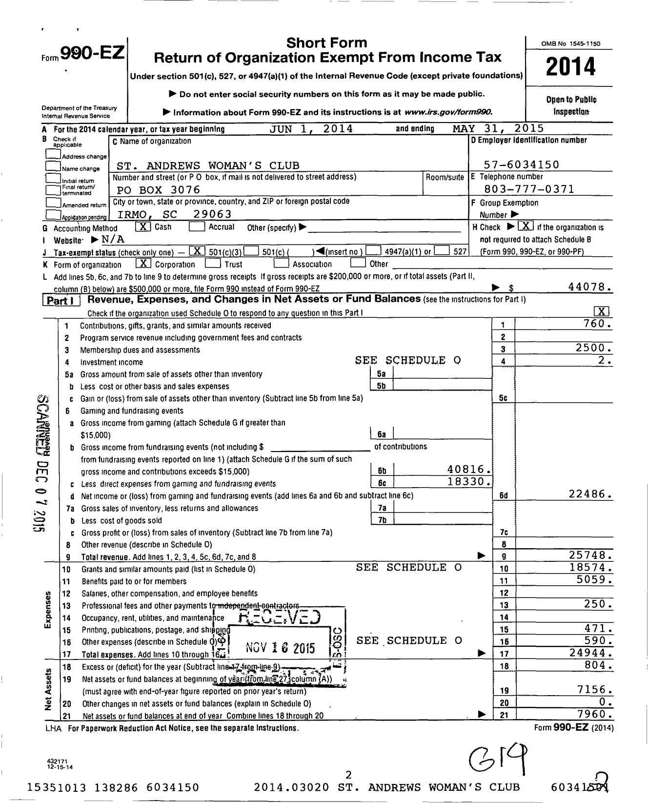 Image of first page of 2014 Form 990EZ for General Federation of Womens Clubs of South Carolina / St Andrews Womans Club